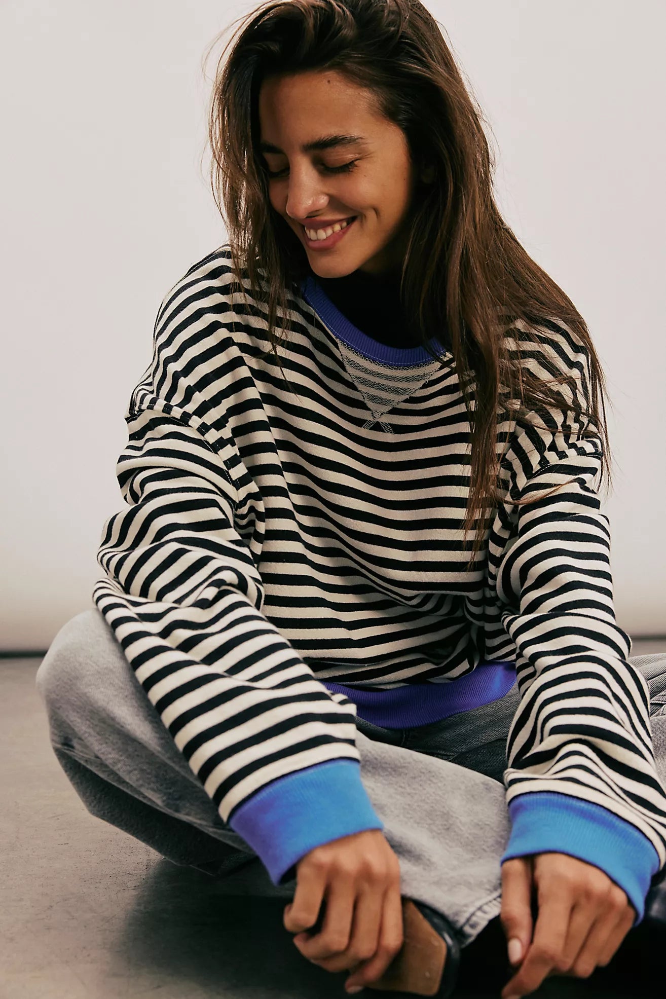 Free People Classic Striped Oversized Crewneck/Black Combo