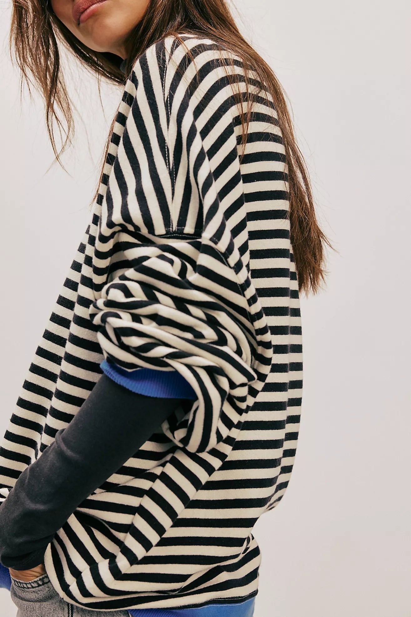 Free People Classic Striped Oversized Crewneck/Black Combo