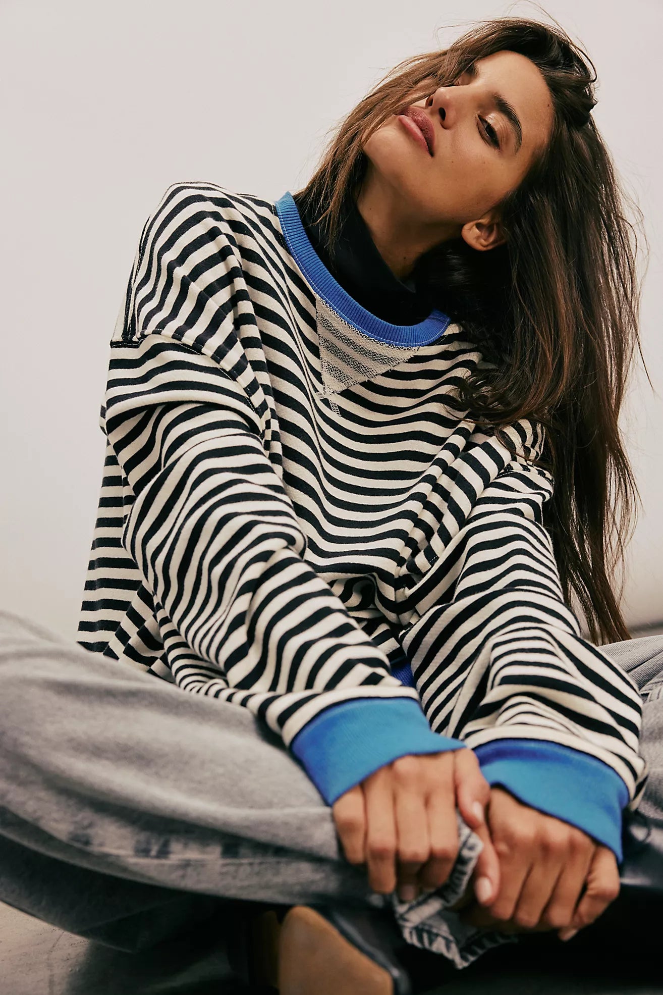 Free People Classic Striped Oversized Crewneck/Black Combo