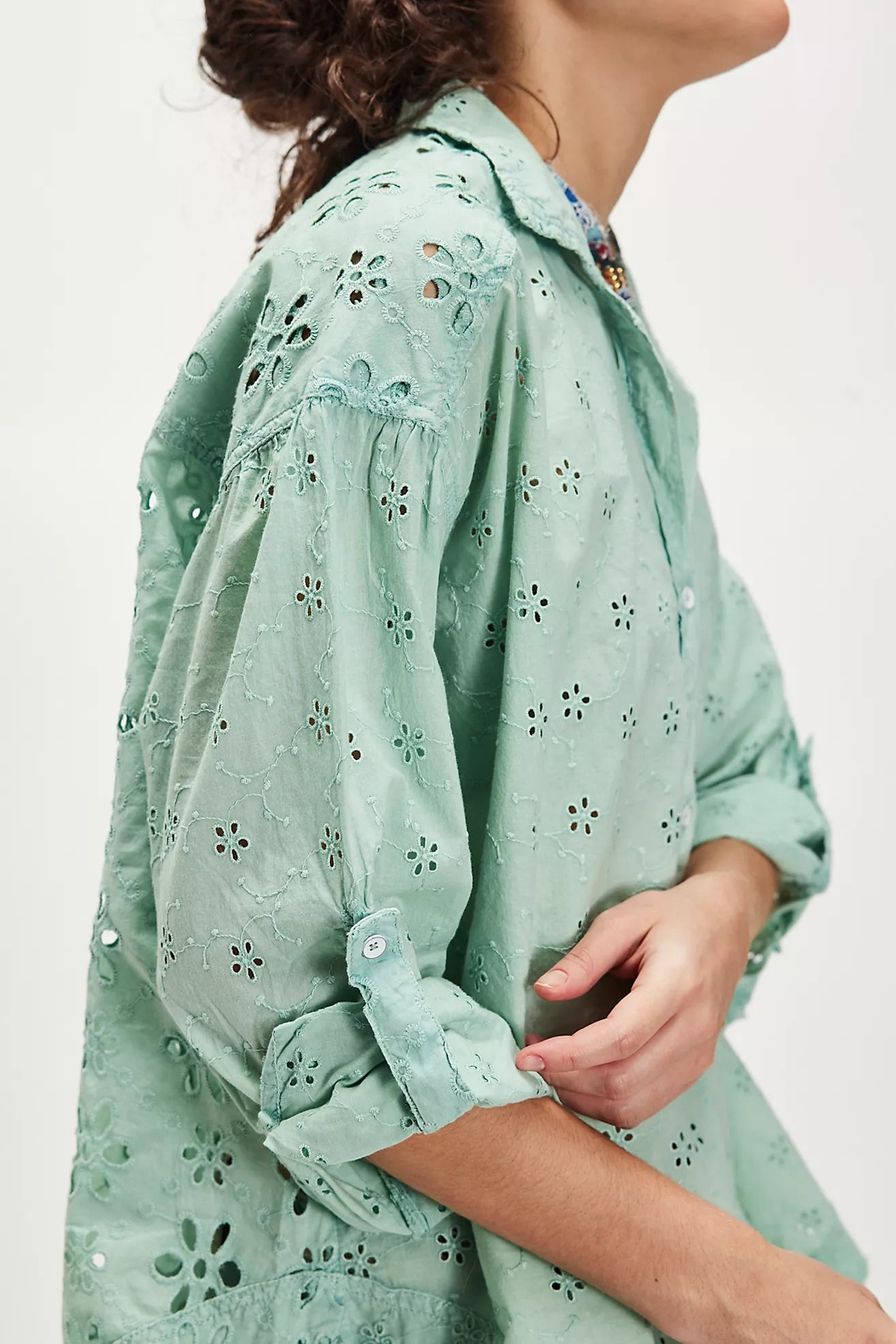 Free People We The Free Mae Washed Eyelet Shirt/Faded Green Wash