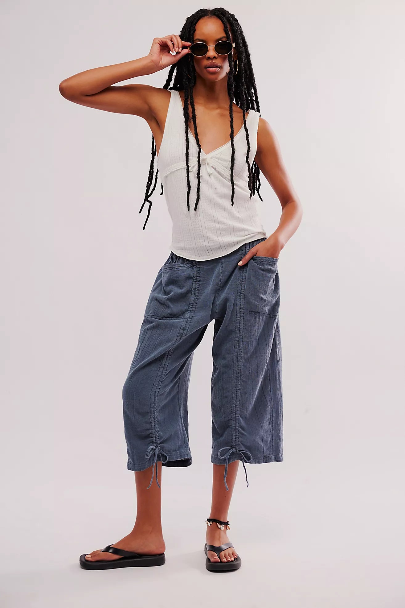 Free People Gianna Ruched Gaucho Pull-On Pants/Blue Mirage