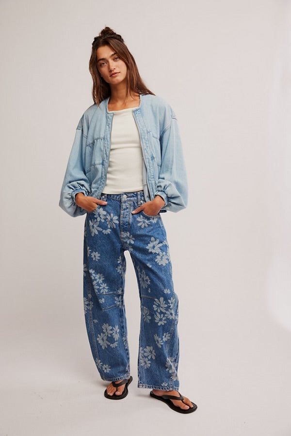 Free People We The Free Good Luck Printed Barrel Jeans/Laser Daisy