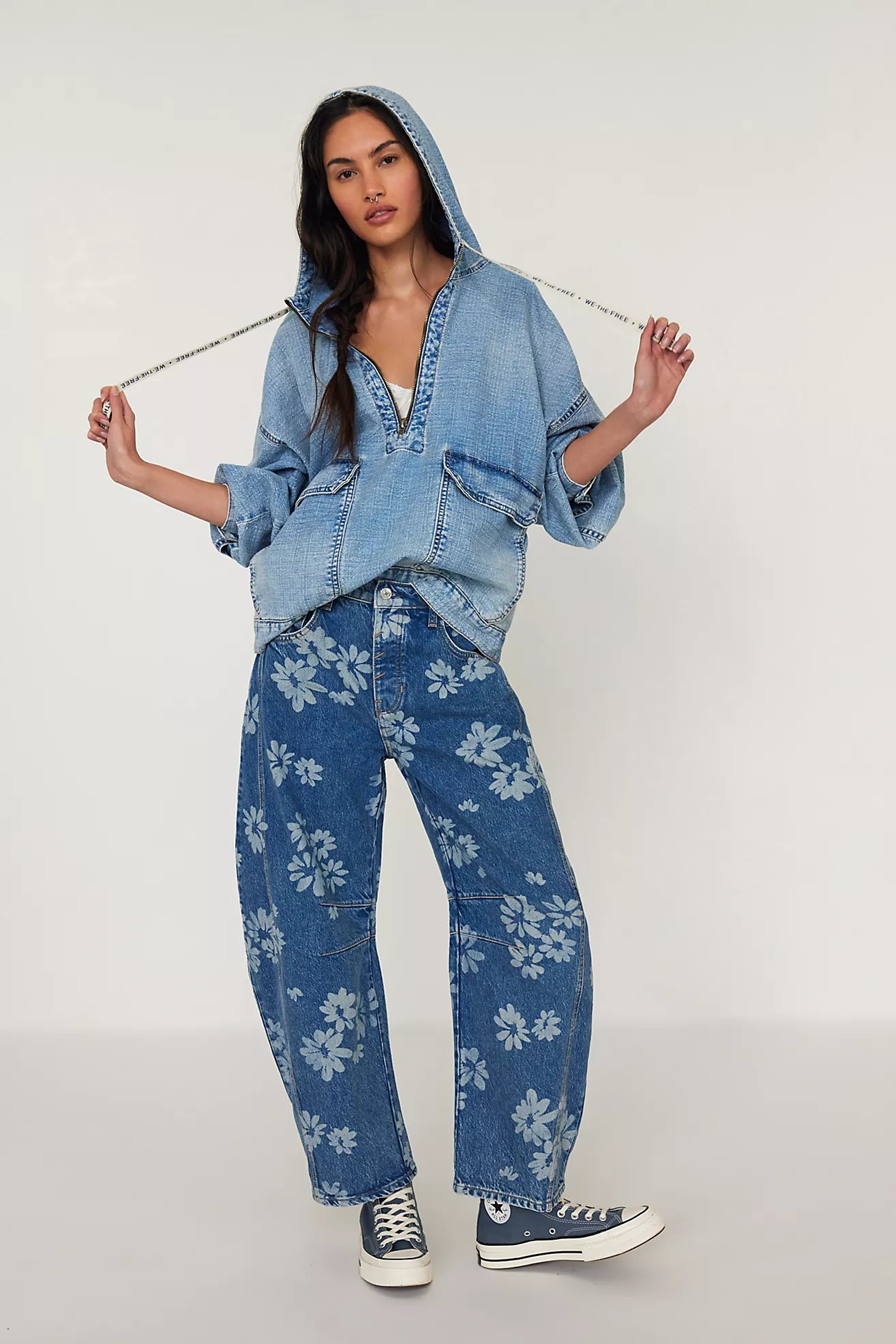 Free People We The Free Good Luck Printed Barrel Jeans/Laser Daisy