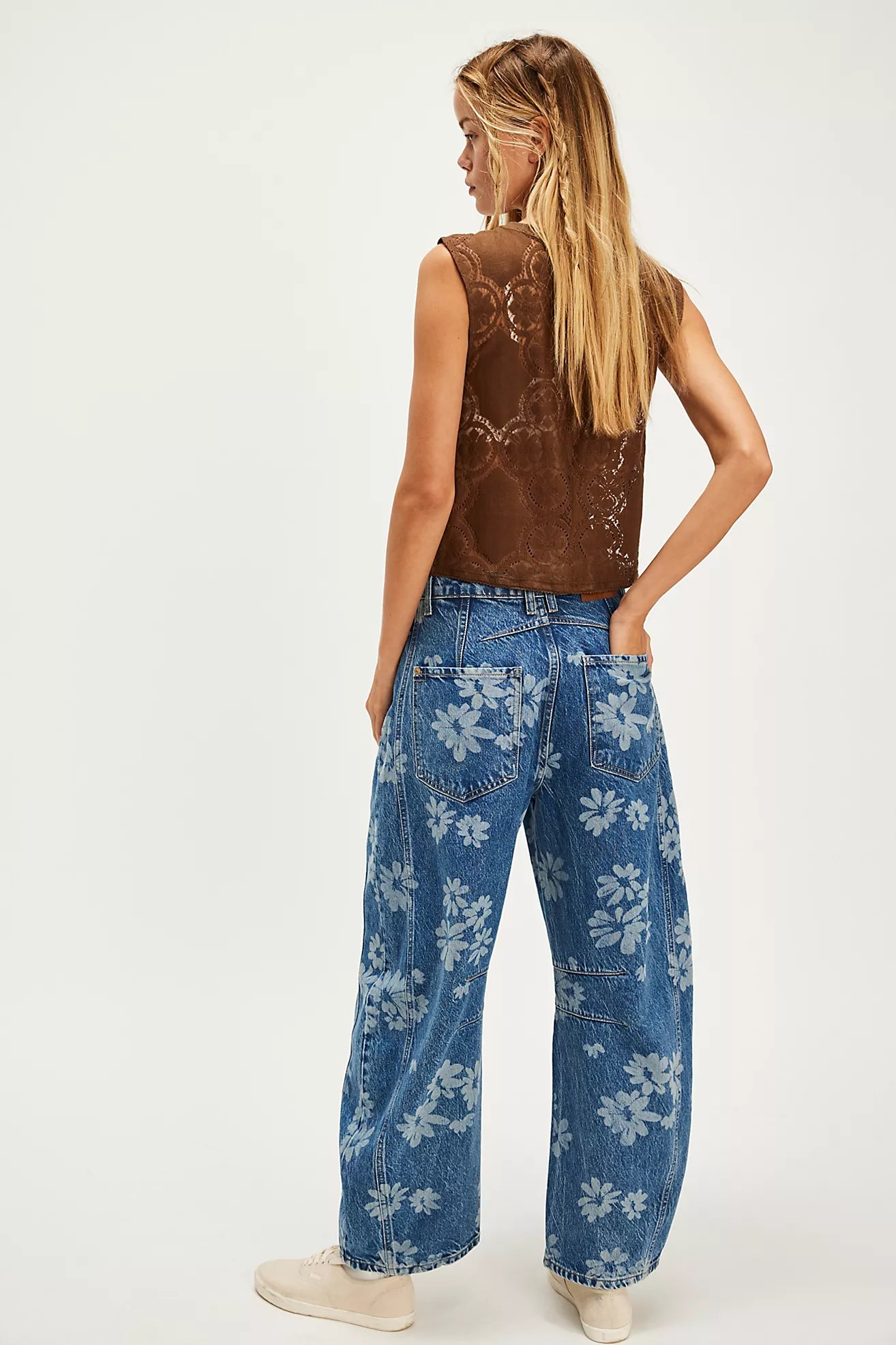 Free People We The Free Good Luck Printed Barrel Jeans/Laser Daisy