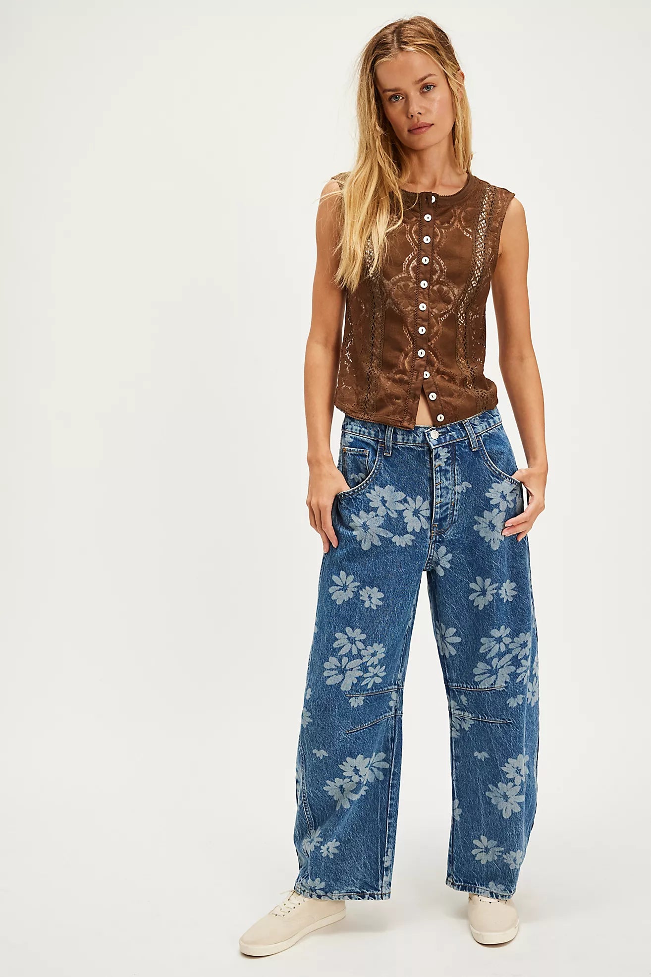 Free People We The Free Good Luck Printed Barrel Jeans/Laser Daisy
