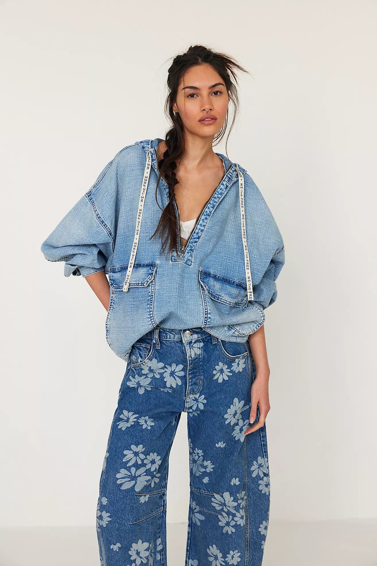 Free People We The Free Good Luck Printed Barrel Jeans/Laser Daisy