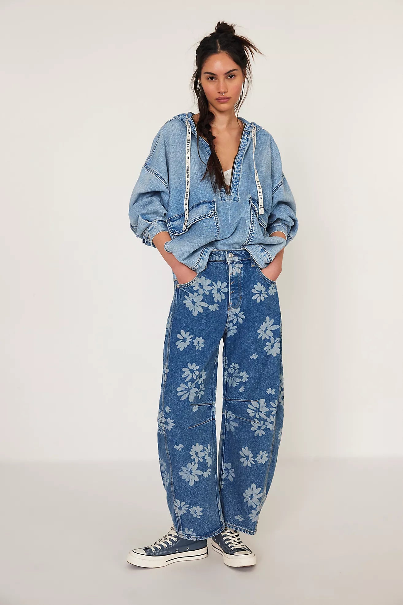 Free People We The Free Good Luck Printed Barrel Jeans/Laser Daisy