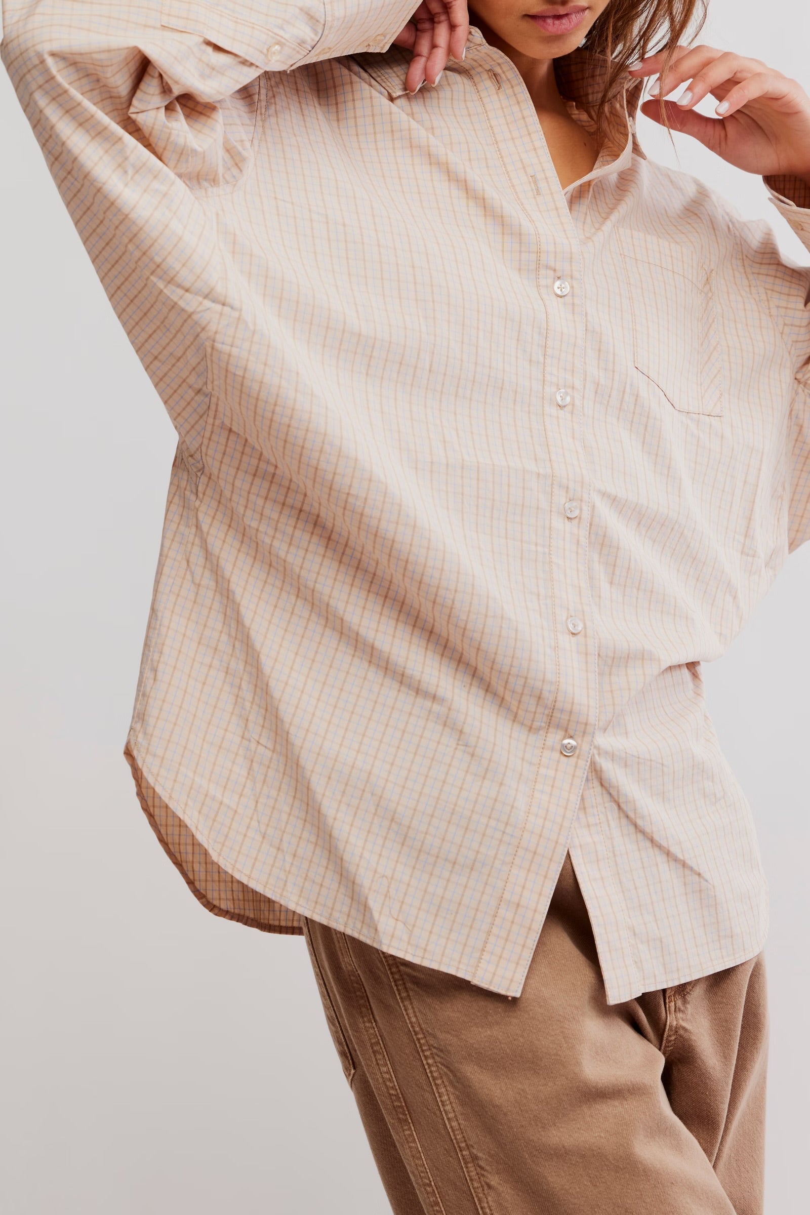 Free People Sabine Striped Articulated Shirt /Quinn Check Combo