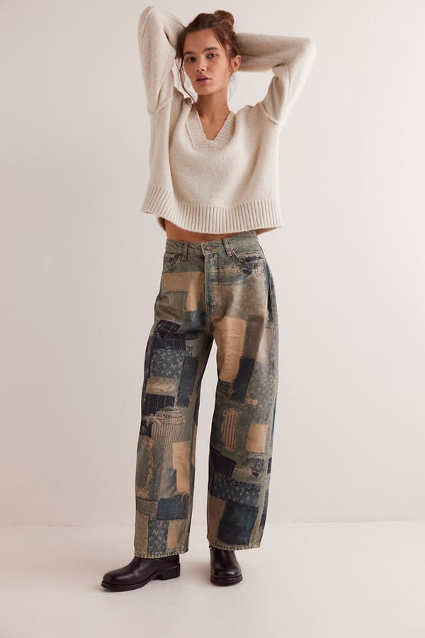 Free People We The Free Illusions Printed Relaxed Jeans/Indigo Combo