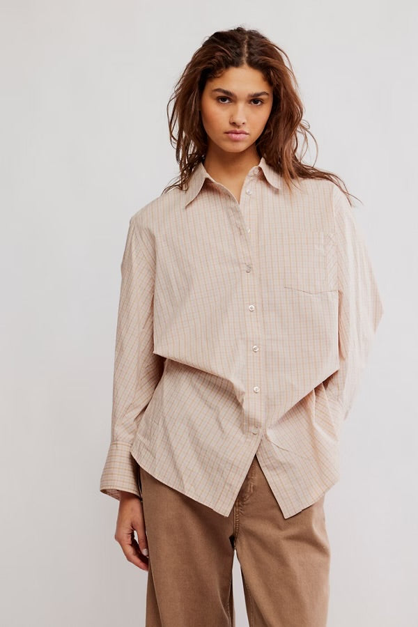 Free People Sabine Striped Articulated Shirt /Quinn Check Combo