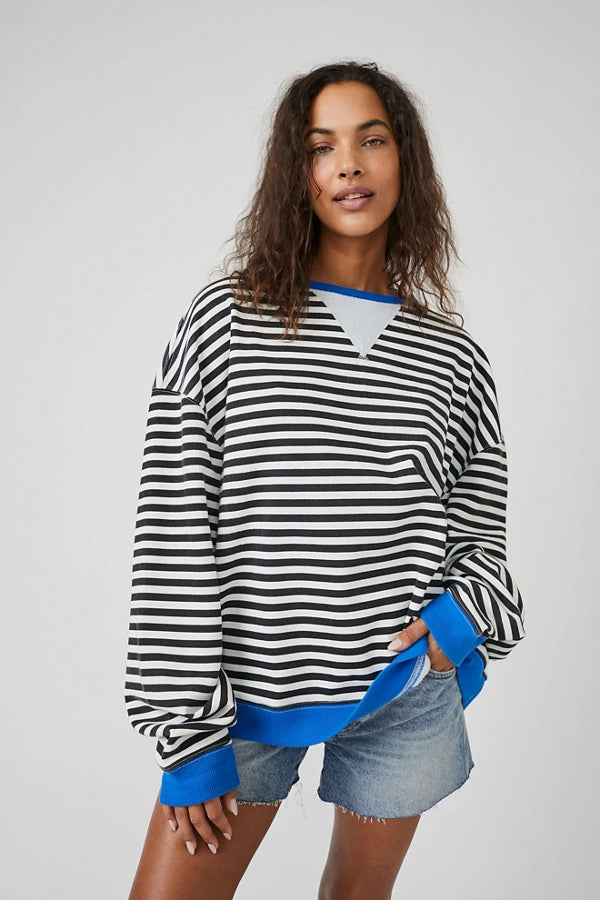 Free People Classic Striped Oversized Crewneck/Black Combo