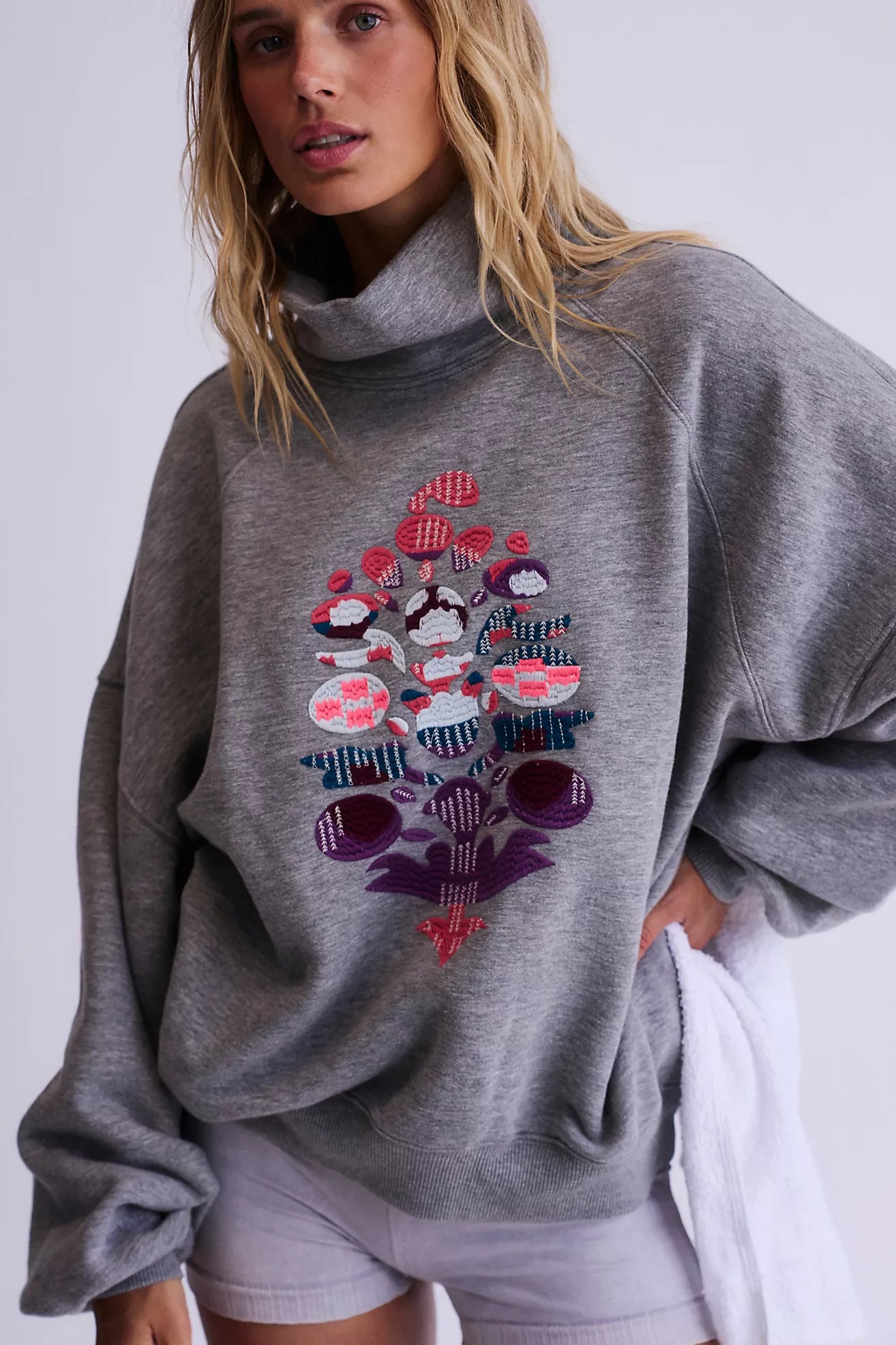 Free People On Your Mark Logo Mock Neck Pullover/Heather Grey Combo