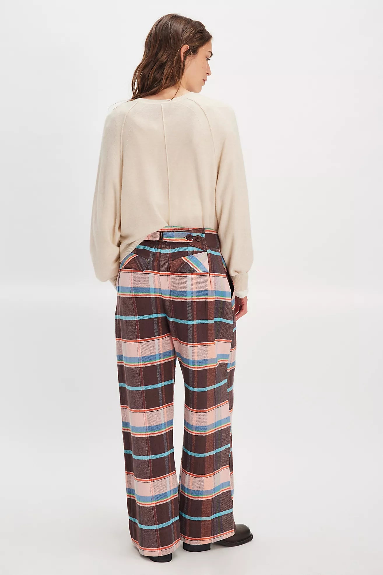 Free People Buckle Back Plaid Trousers/Brown Combo
