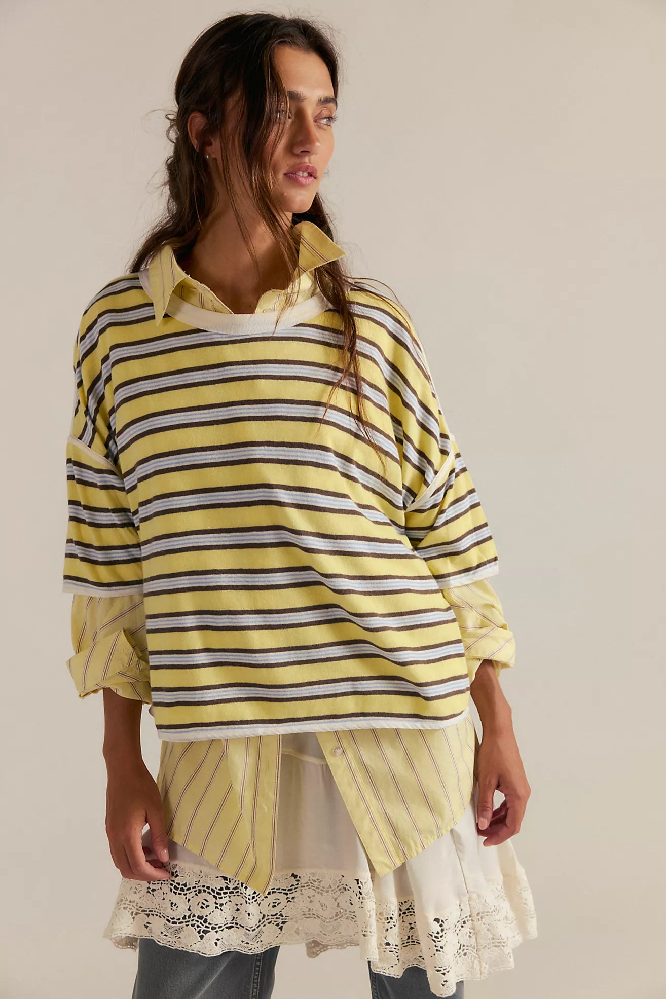 Free People We The Free Clean Rugby Tee/Yellow Combo