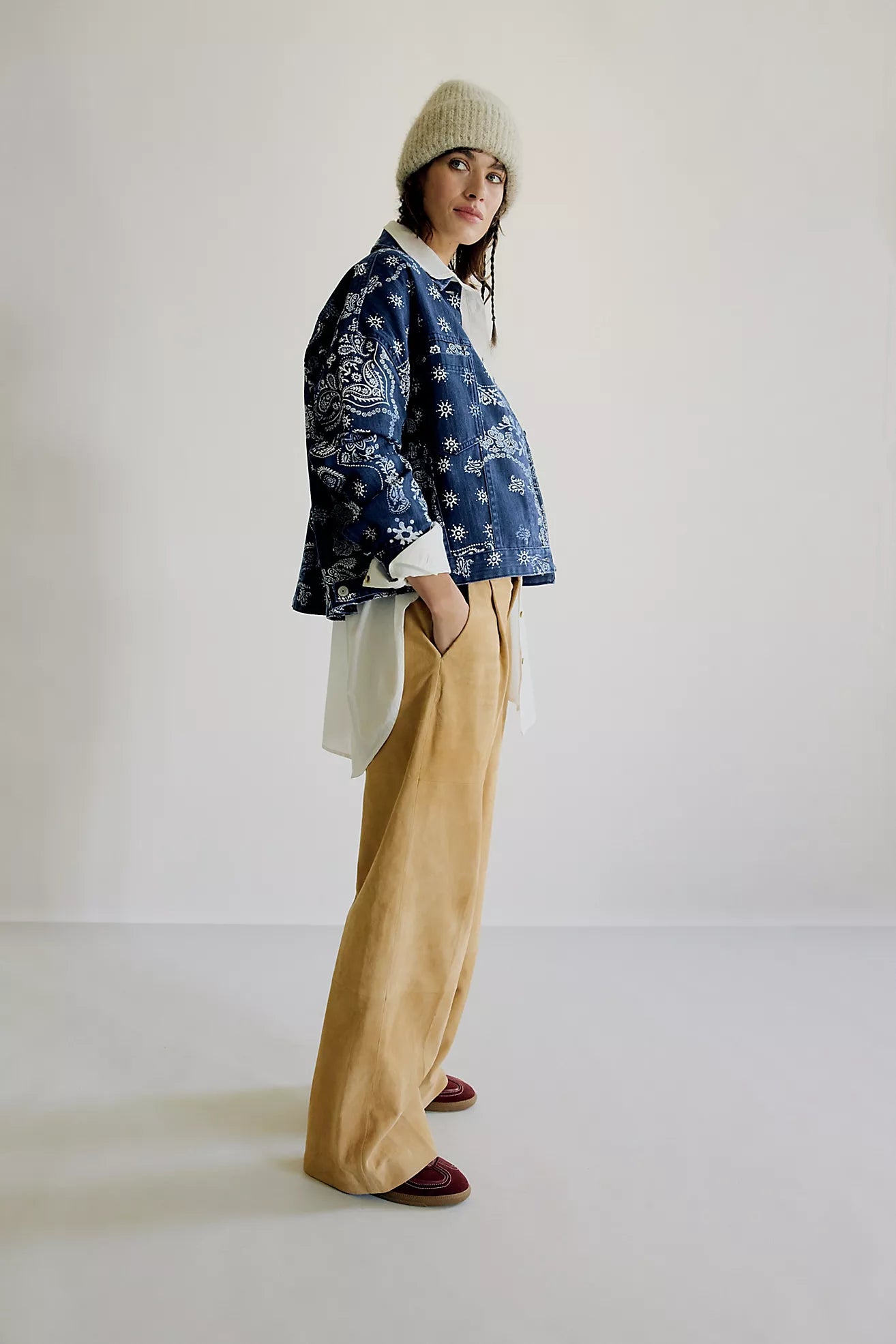 Free People We The Free Opal Swing Printed Denim Jacket/Navy Combo- Bandana Block
