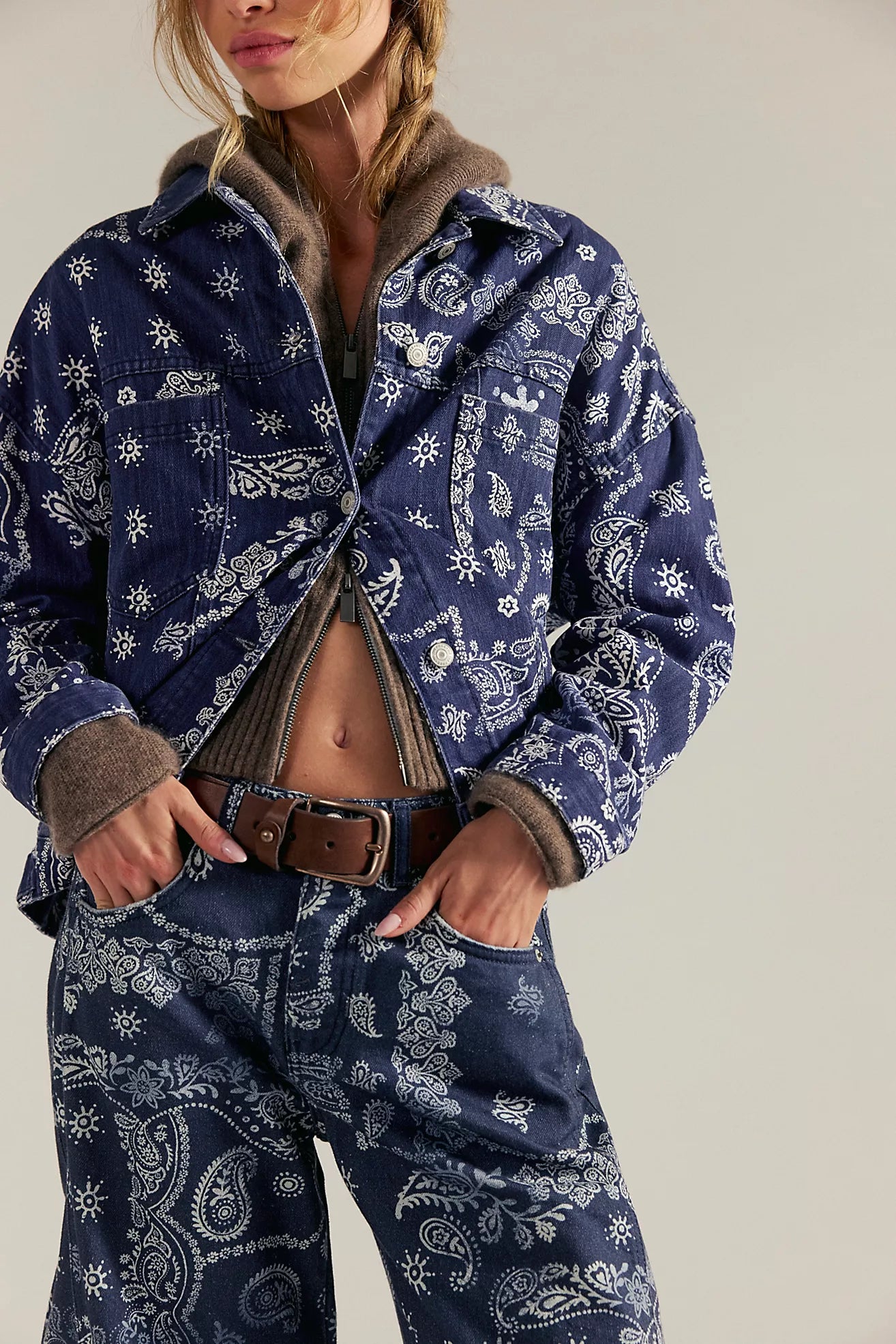 Free People We The Free Opal Swing Printed Denim Jacket/Navy Combo- Bandana Block