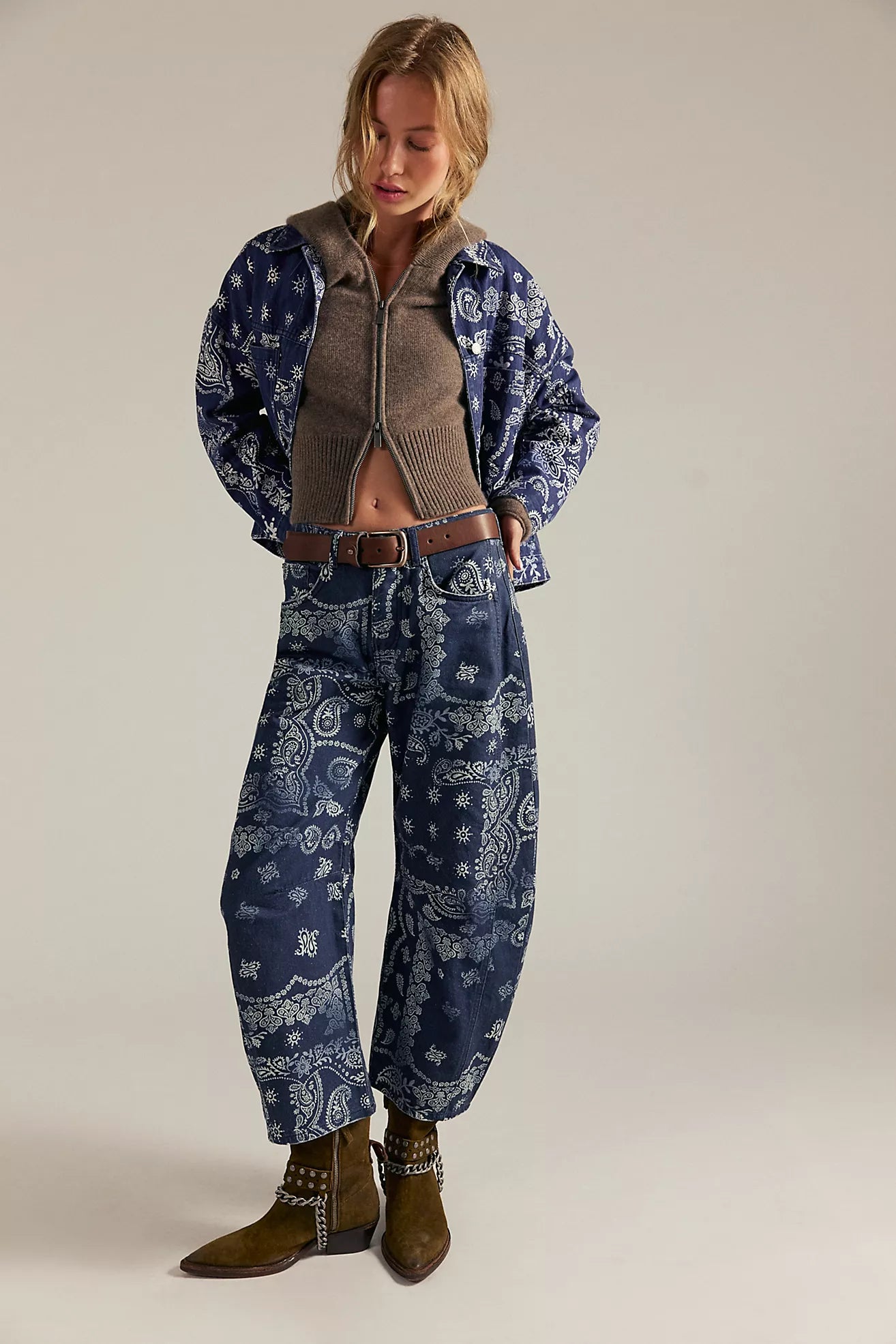 Free People We The Free Opal Swing Printed Denim Jacket/Navy Combo- Bandana Block