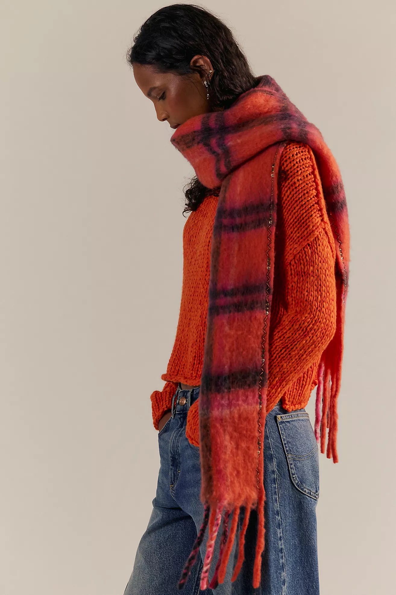 Free People Highland Plaid Skinny Scarf/Pink Combo