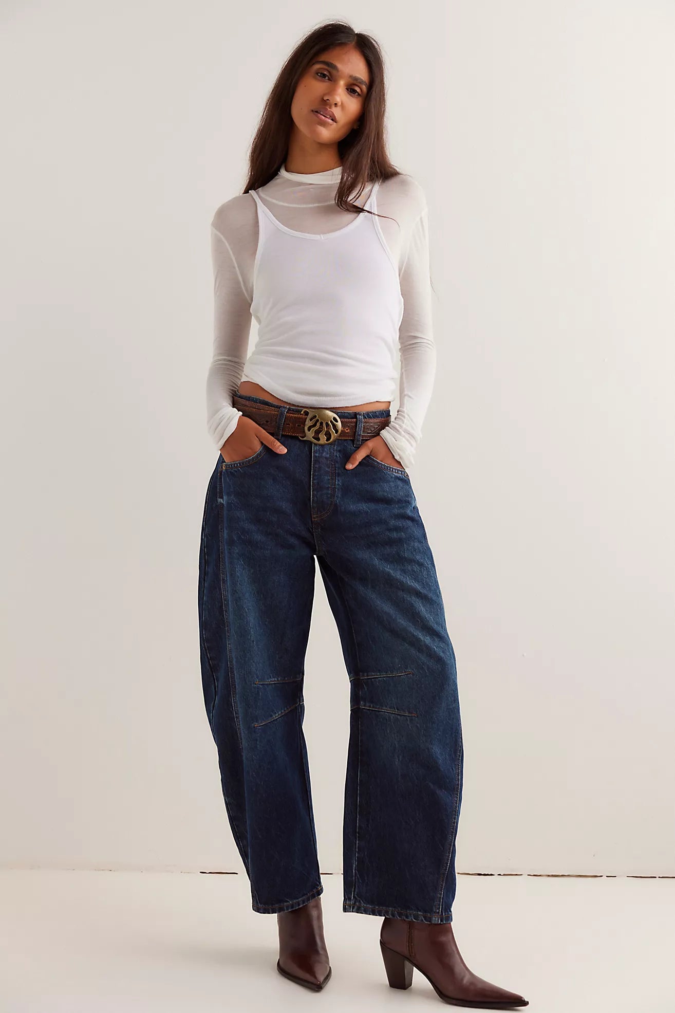 Free People We The Free Good Luck Mid-Rise Barrel Jeans/Deep End