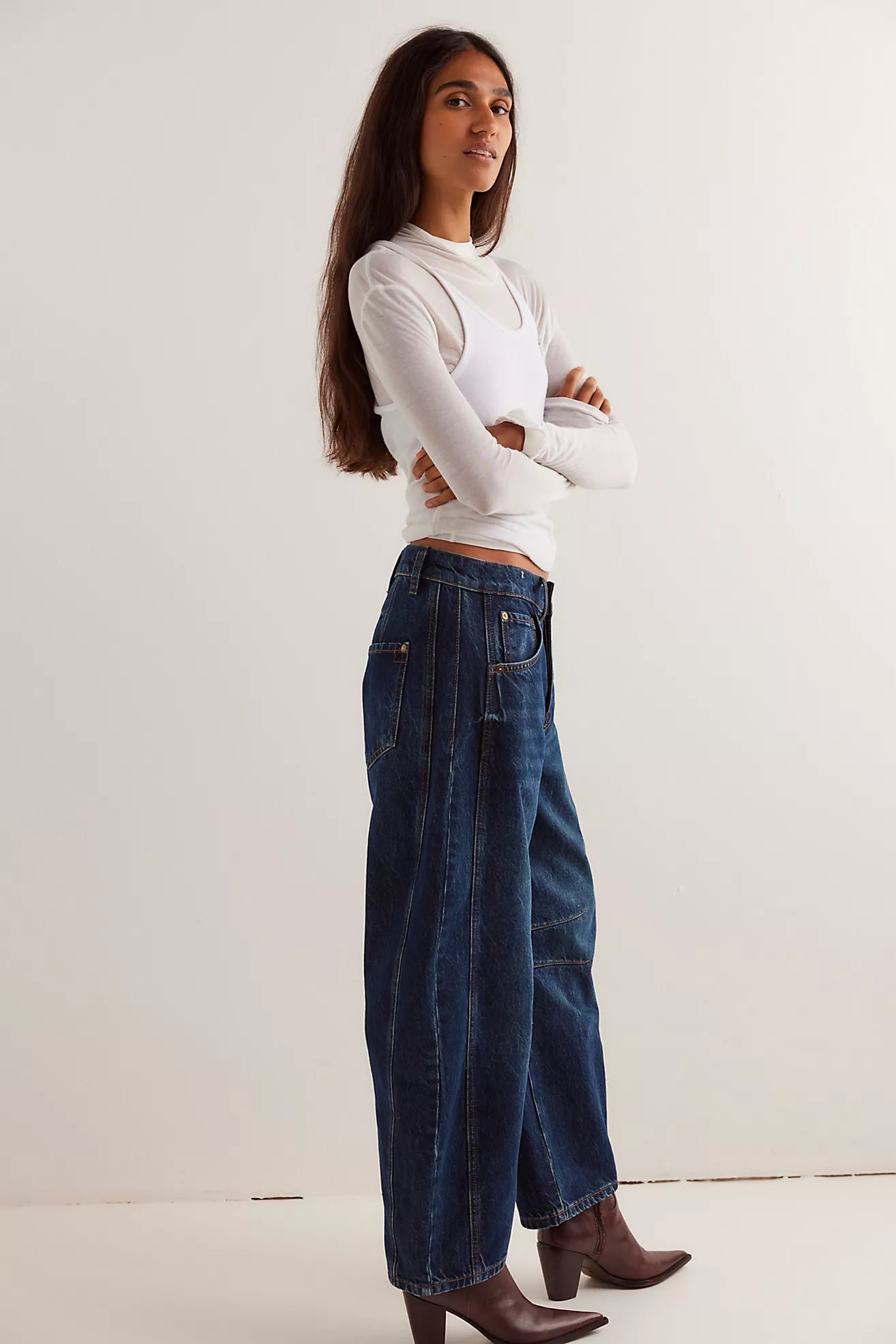 Free People We The Free Good Luck Mid-Rise Barrel Jeans/Deep End