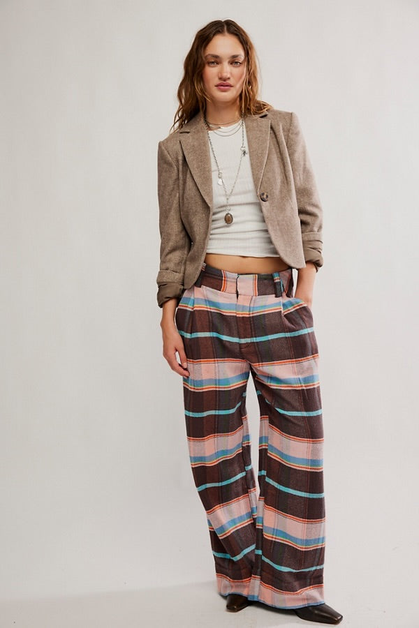 Free People Buckle Back Plaid Trousers/Brown Combo