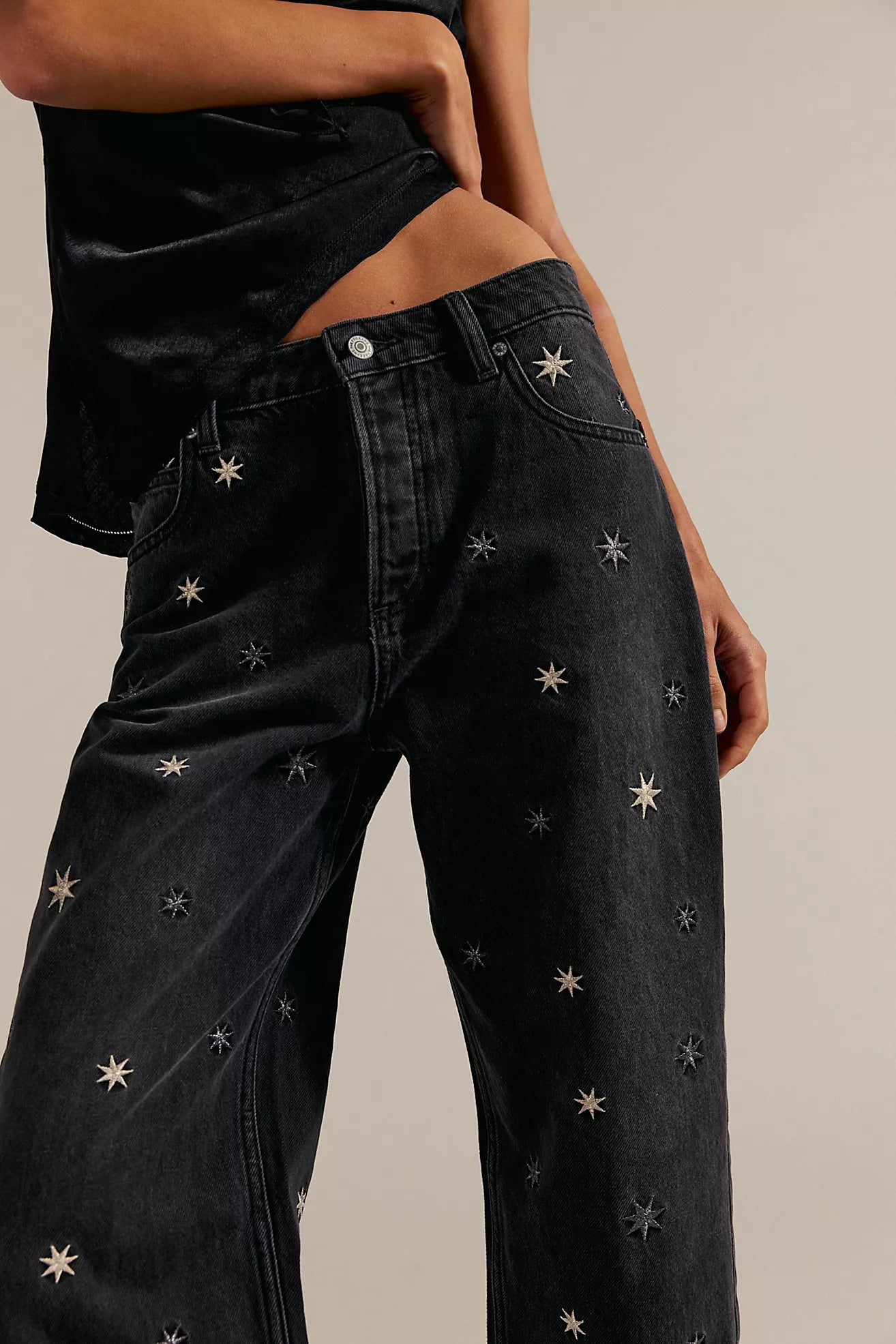 Free People We The Free Deep Trance Shine Embroidered Dropped Boyfriend Jeans/Starry Night