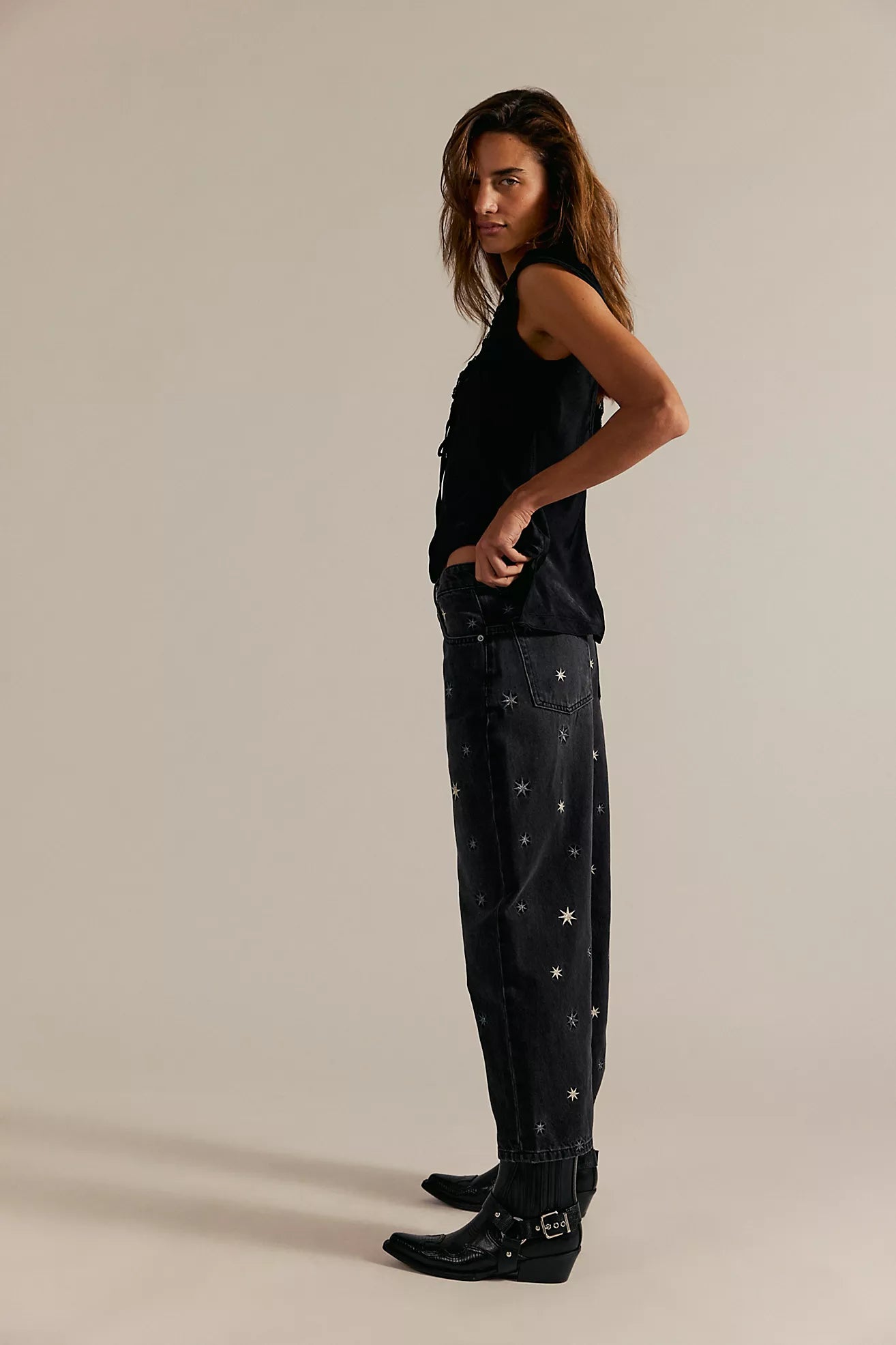 Free People We The Free Deep Trance Shine Embroidered Dropped Boyfriend Jeans/Starry Night
