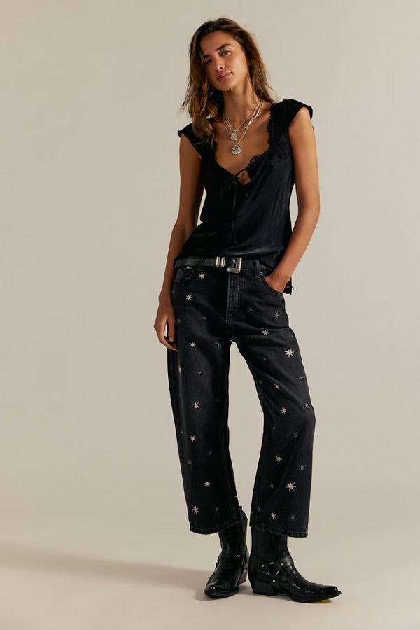 Free People We The Free Deep Trance Shine Embroidered Dropped Boyfriend Jeans/Starry Night