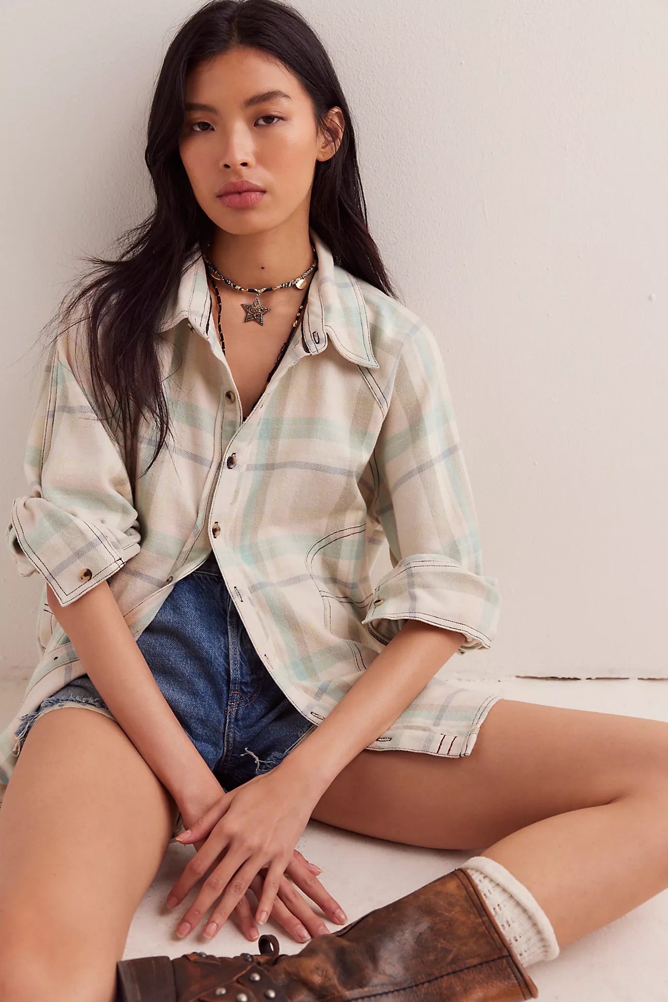 Free People Girl Meets Boy Plaid Shirt /Tea Combo