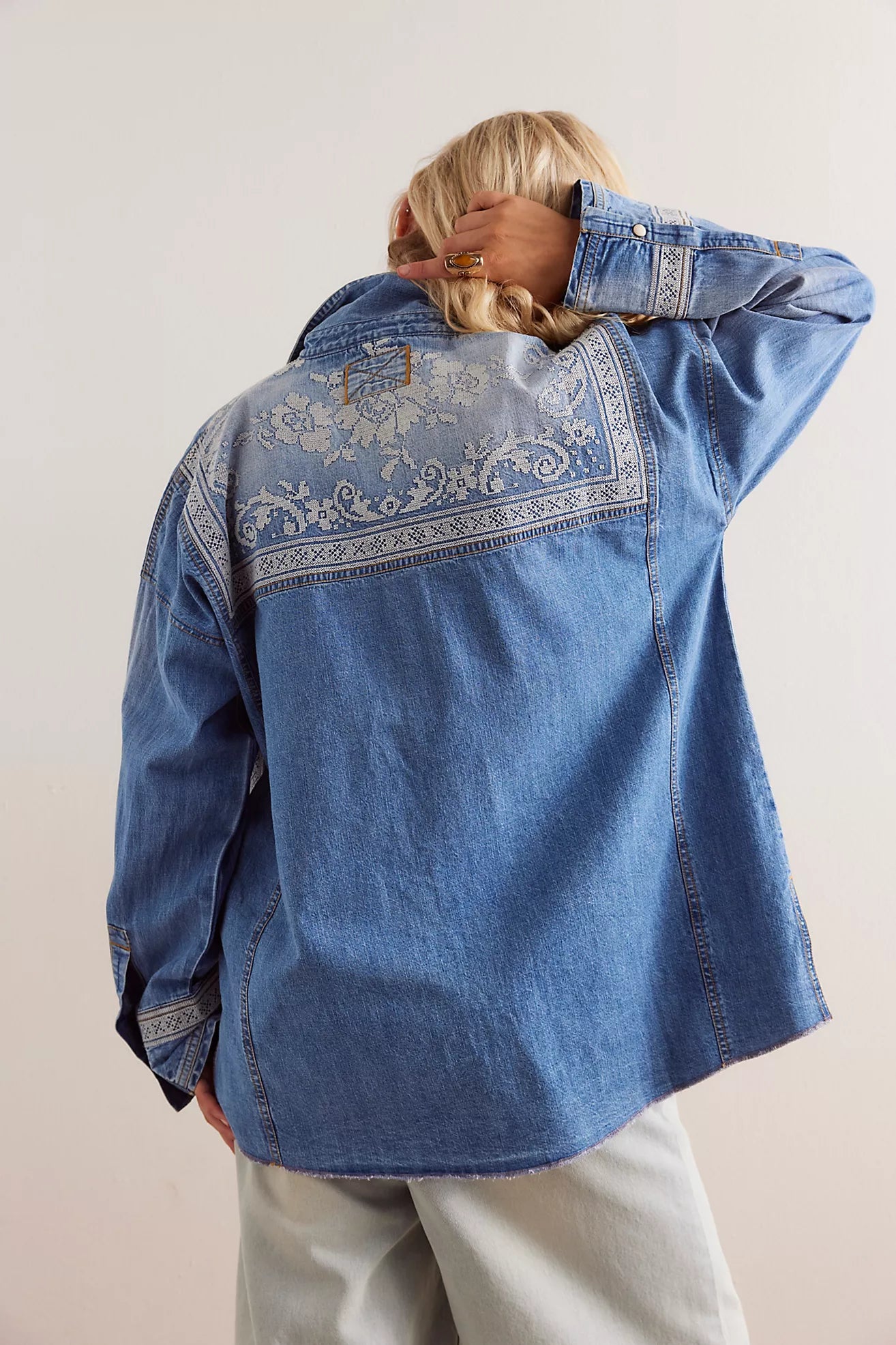 Free People We The Free Lace Embroidered Denim Shirt