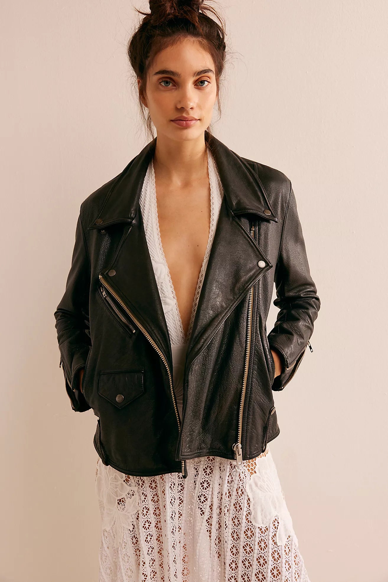 Free People We the Free Jealousy leather Moto Jacket Distressed Black Cside