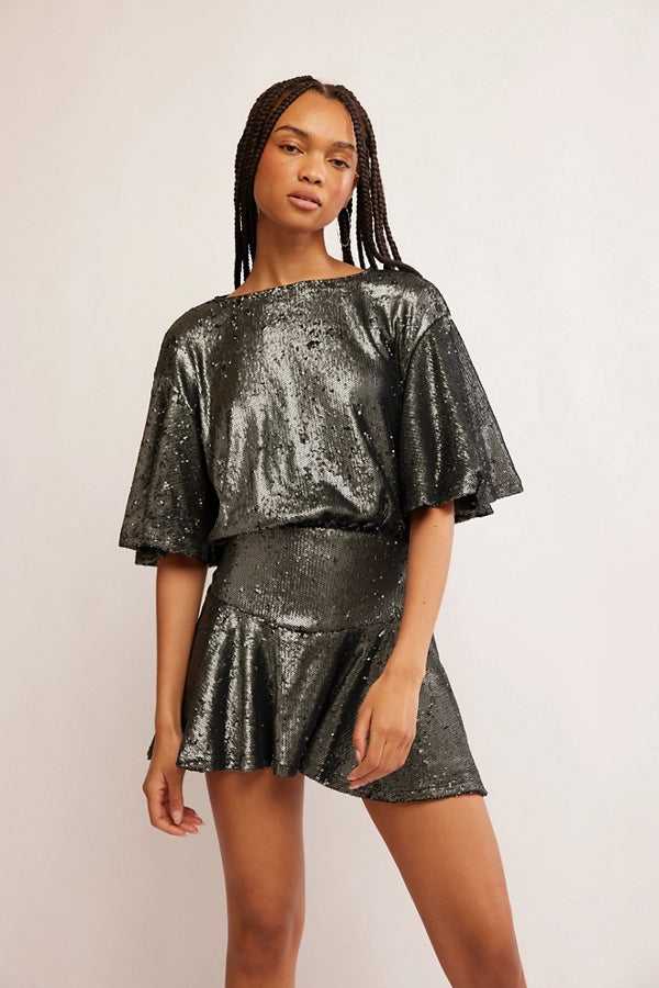 Free People Manuka Sequin Mini Dress/Gun Metal