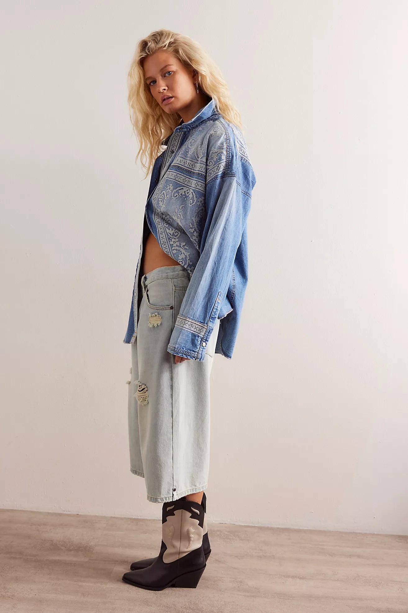 Free People We The Free Lace Embroidered Denim Shirt