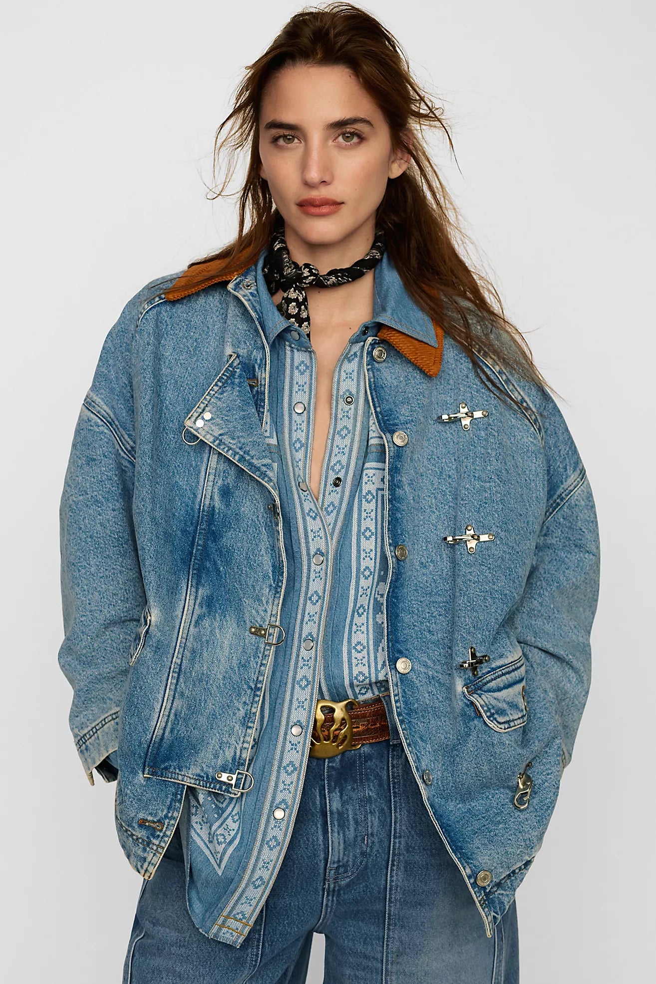 Free People We The Free Lace Embroidered Denim Shirt