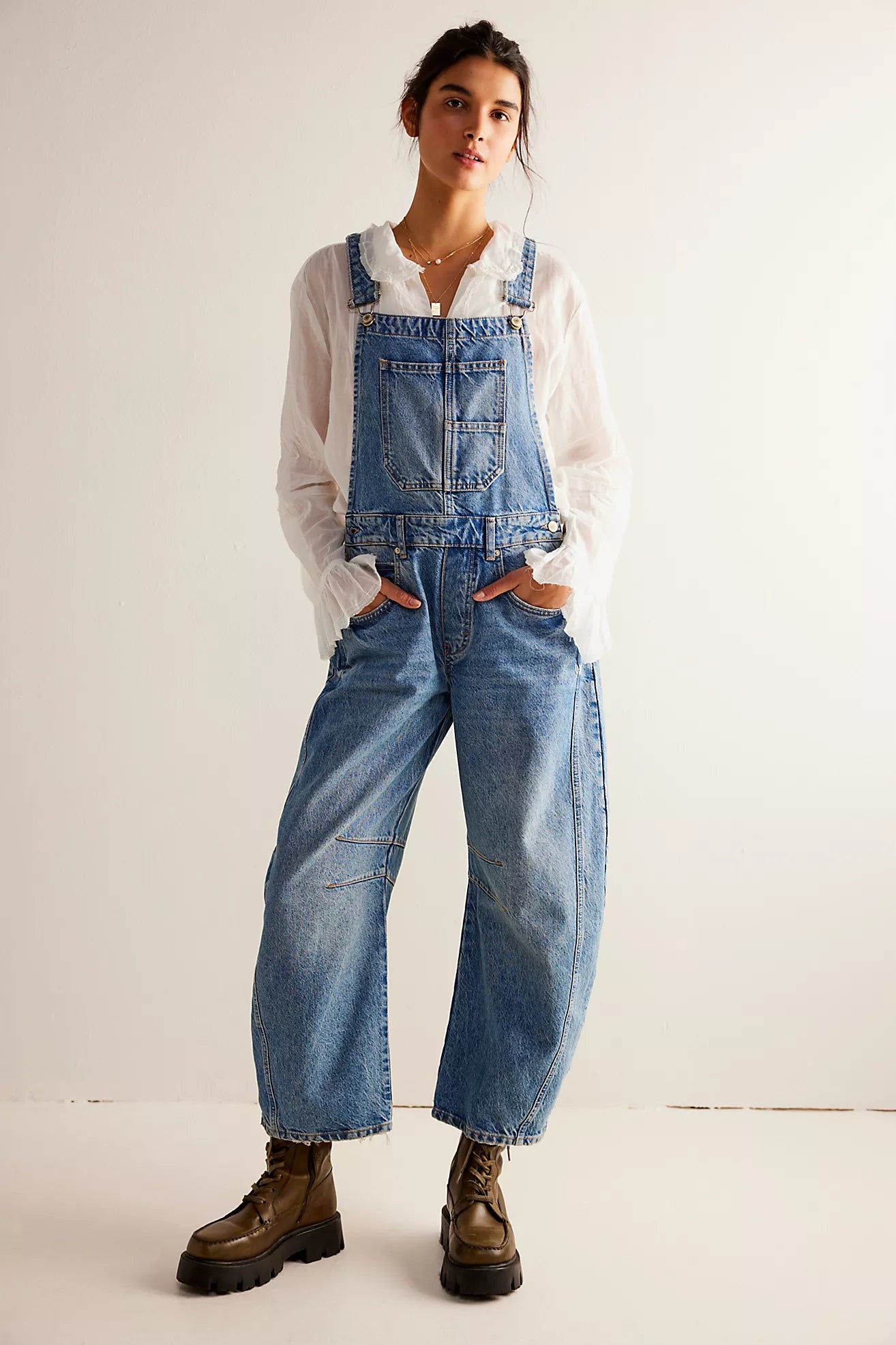 Free People Good Luck Barrel Overalls Light Beam Cside