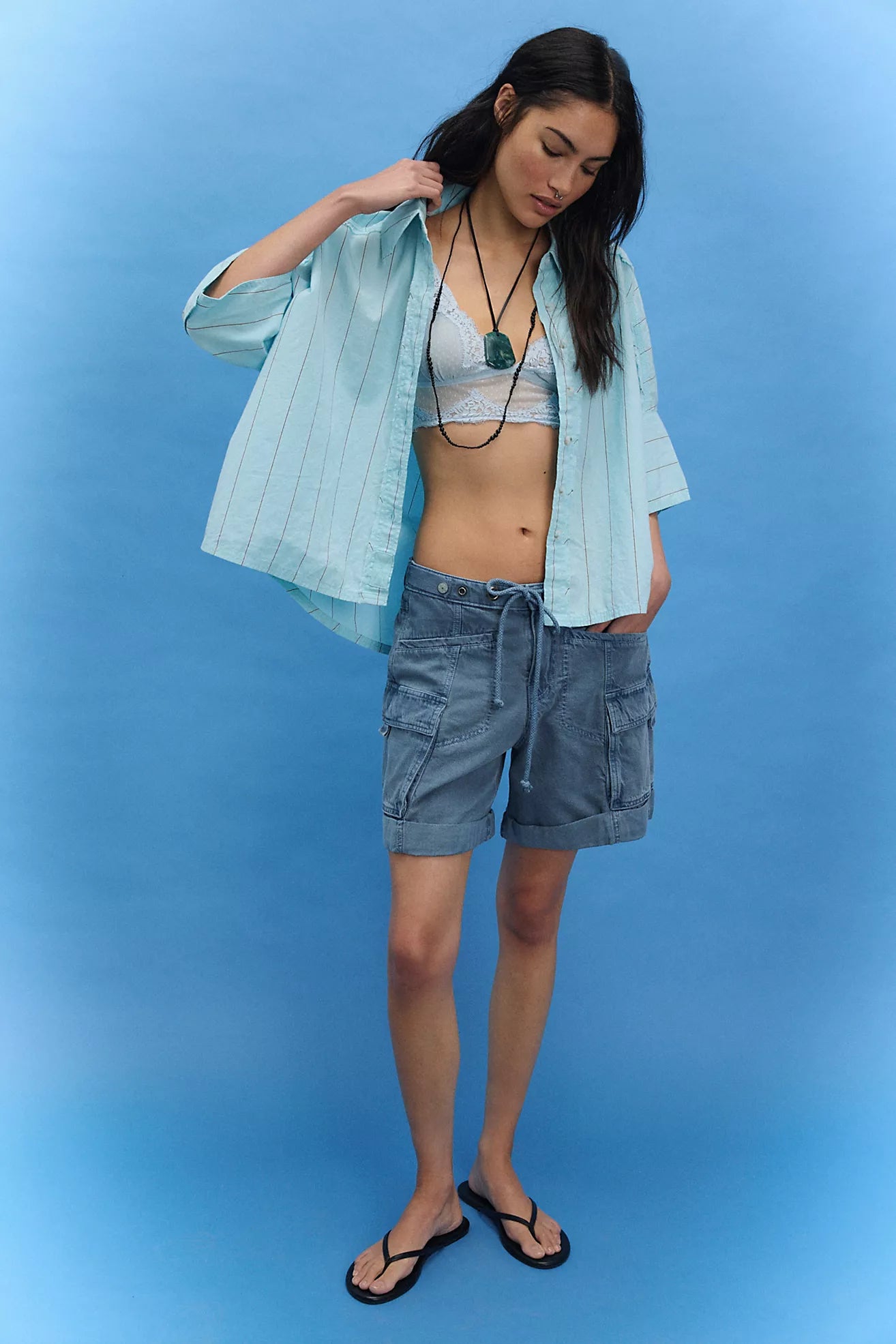 Free People We The Free Seaside Cotton Stripe Shirt/Sky Combo