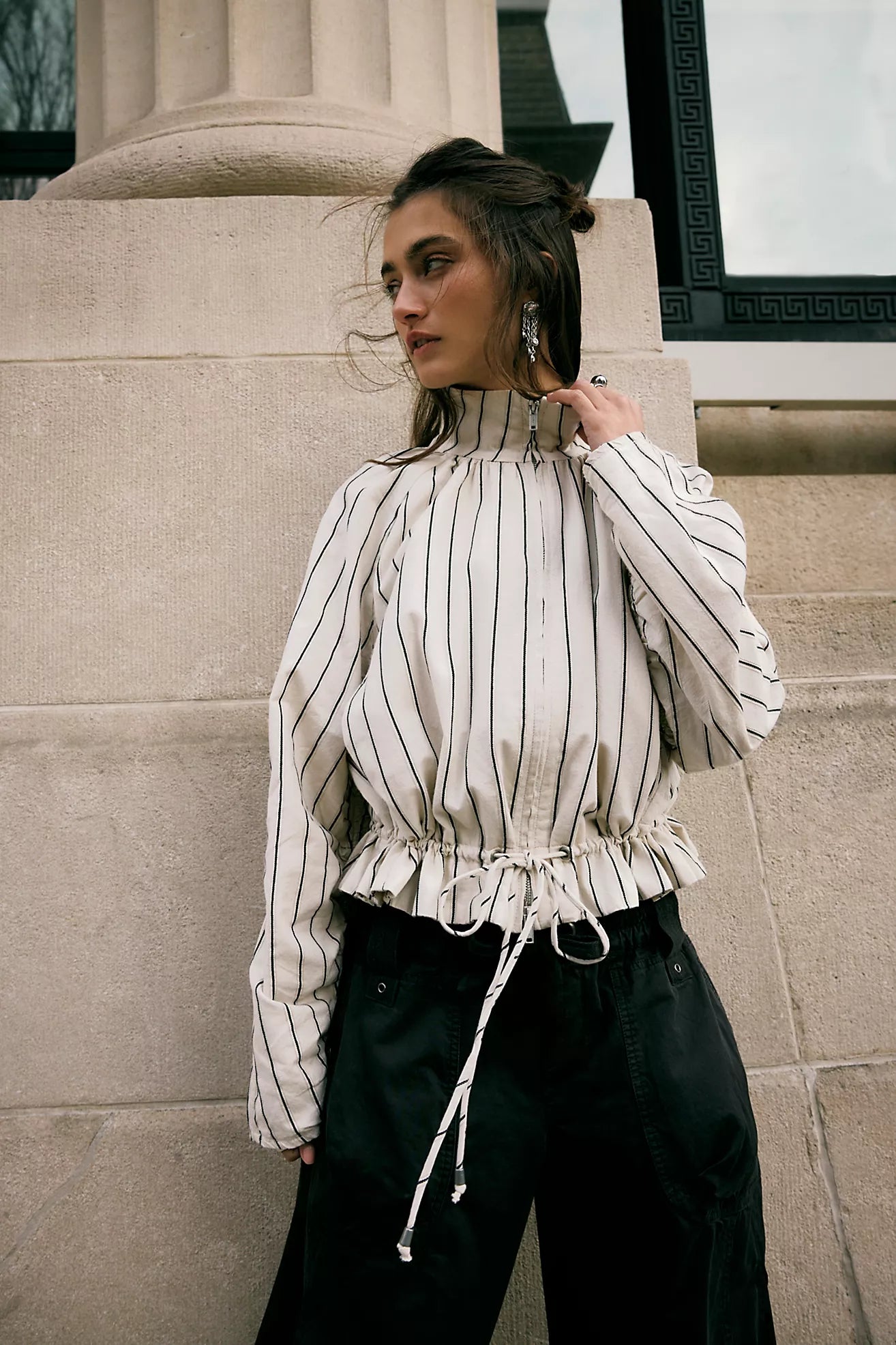 Free People Devon Striped Balloon Funnel-Neck Jacket/Ivory Combo