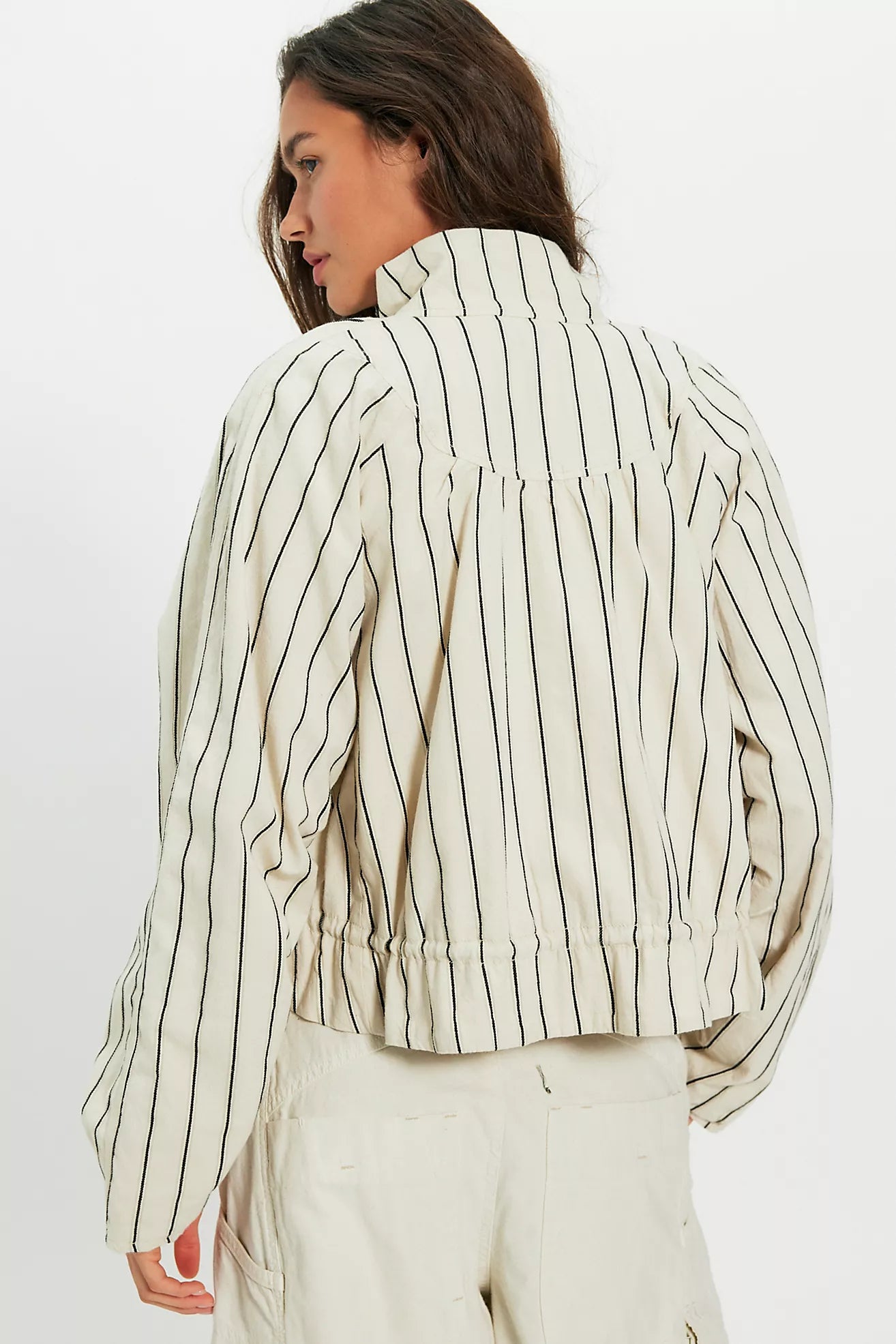 Free People Devon Striped Balloon Funnel-Neck Jacket/Ivory Combo