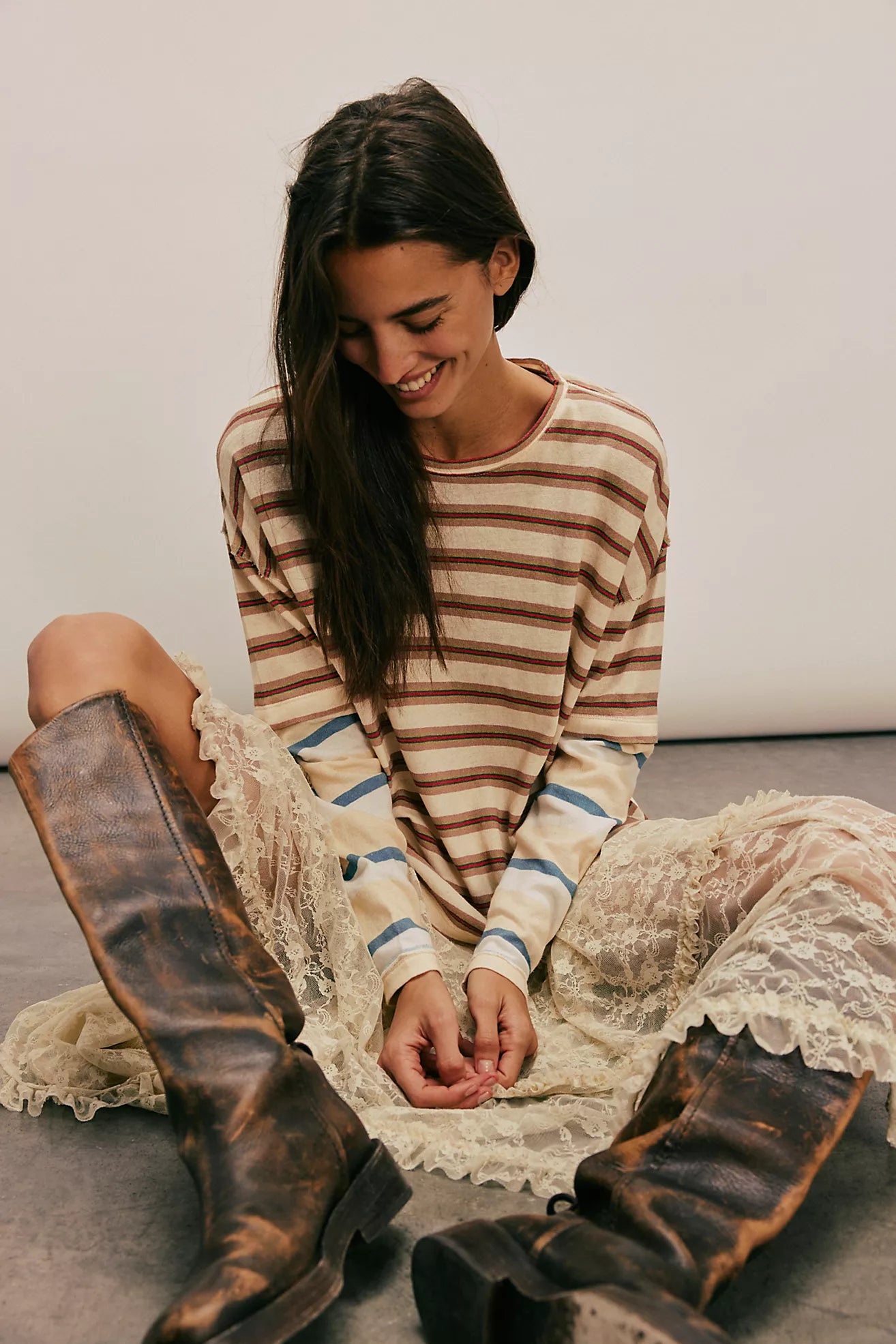 Free People We The Free Nina Stripe Long-Sleeve Neutral Combo Tee/