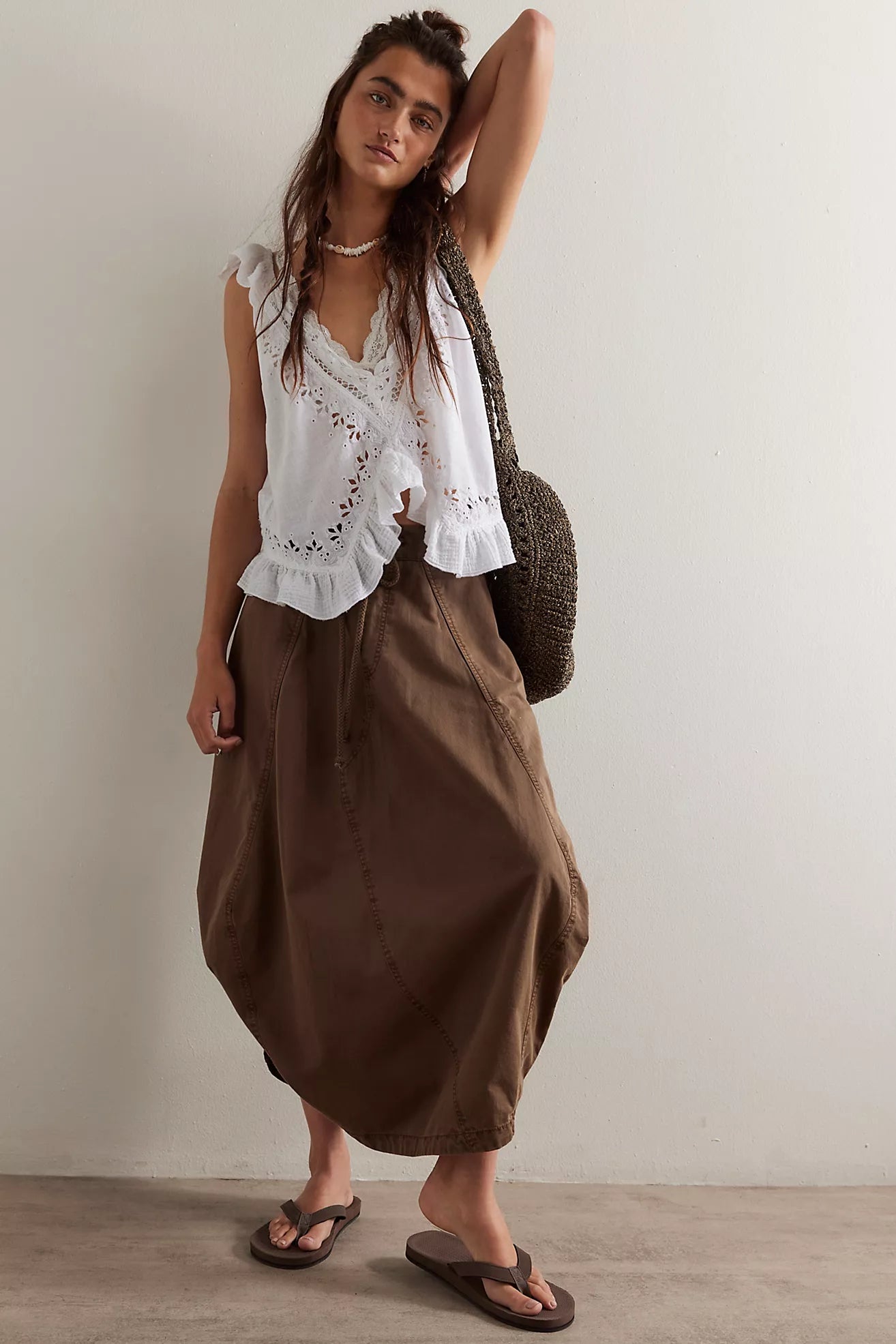 Free People Willow Poplin Midi Skirt/Chocolate