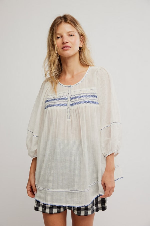 Free People Dylan Smocked Tunic/Ivory Combo