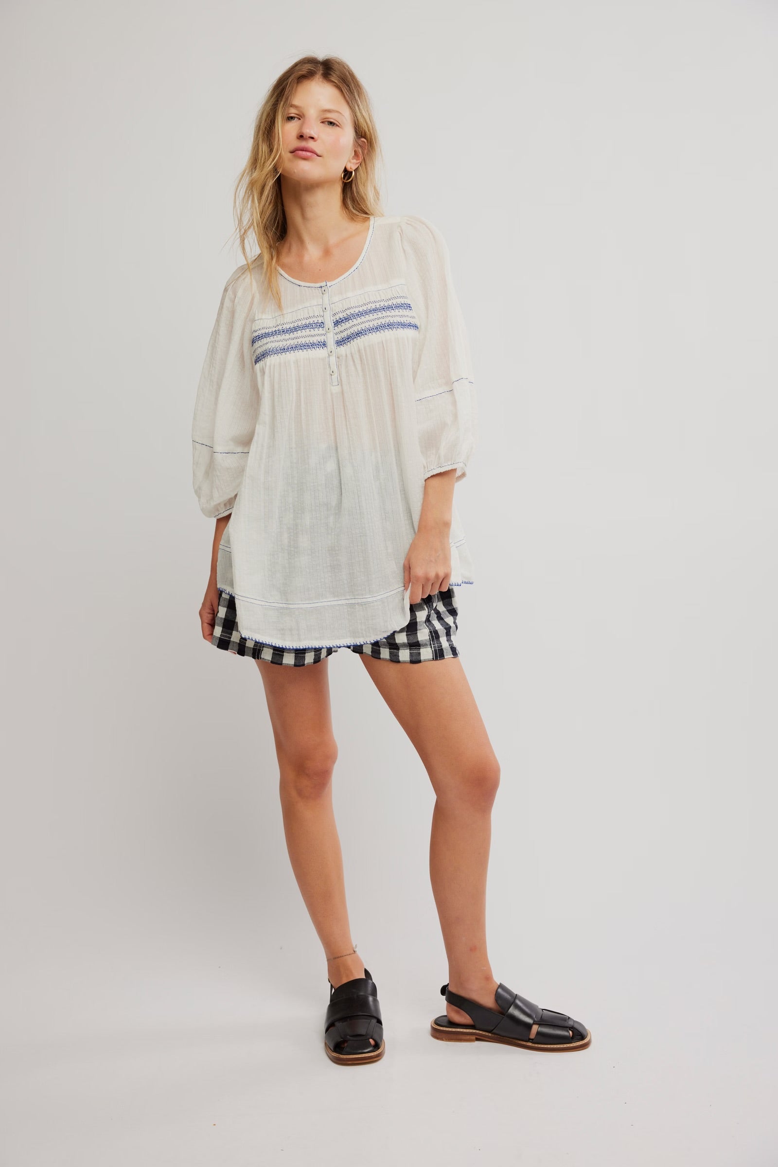 Free People Dylan Smocked Tunic/Ivory Combo