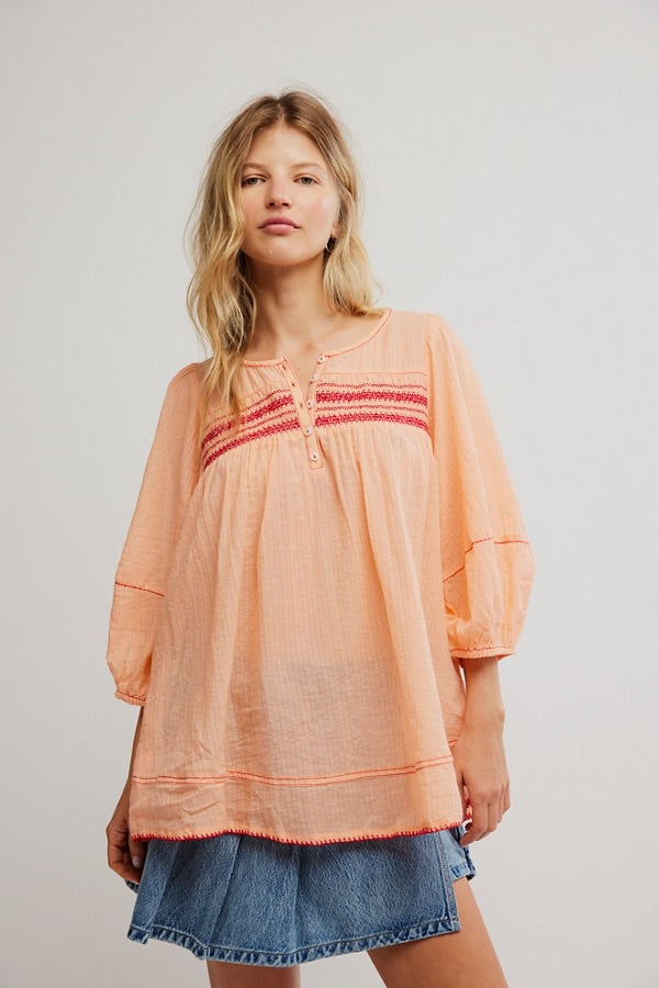 Free People Dylan Smocked Tunic/Tropical Peach Combo