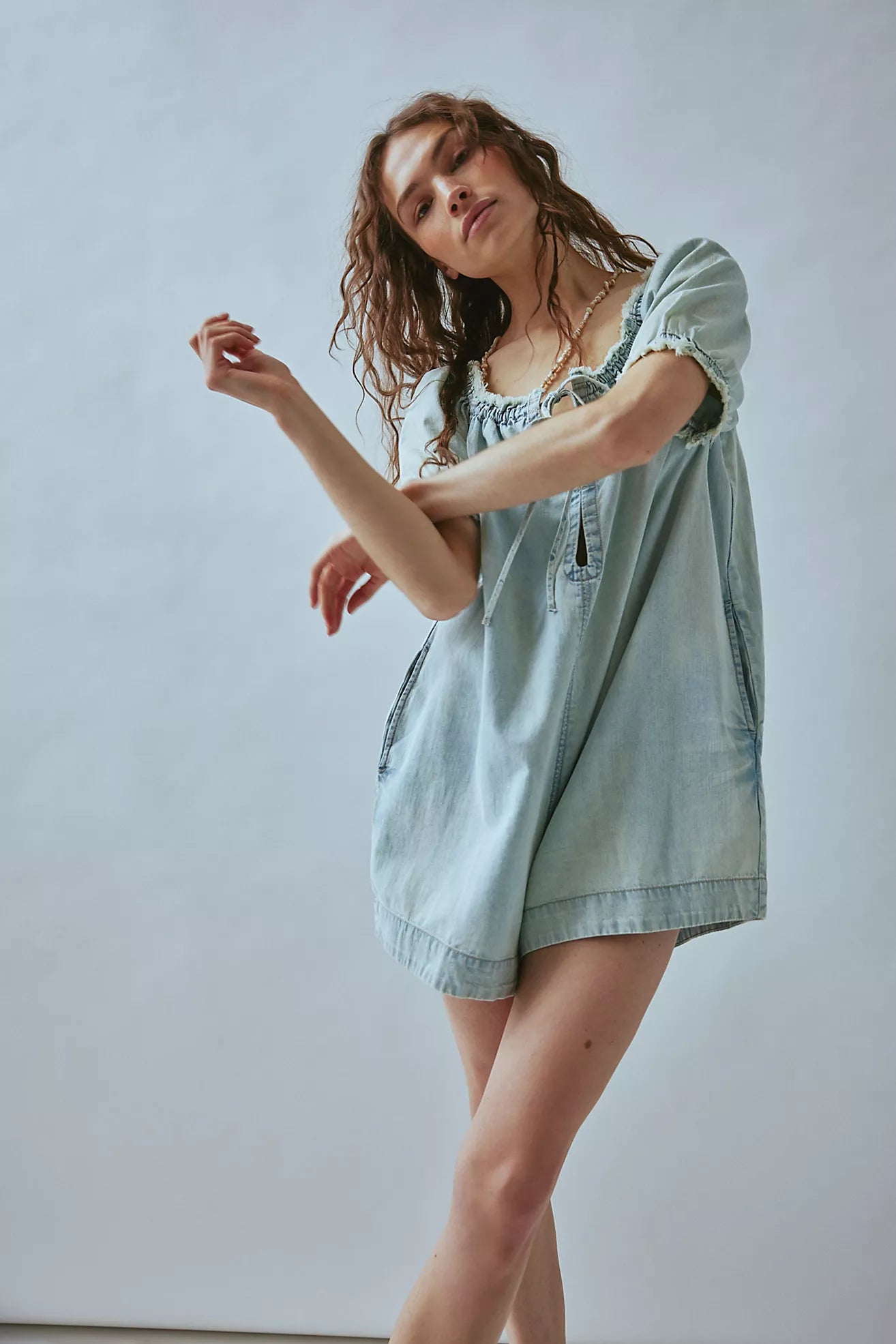 Free People We The Free Daisy Denim Babydoll Romper/August Blue