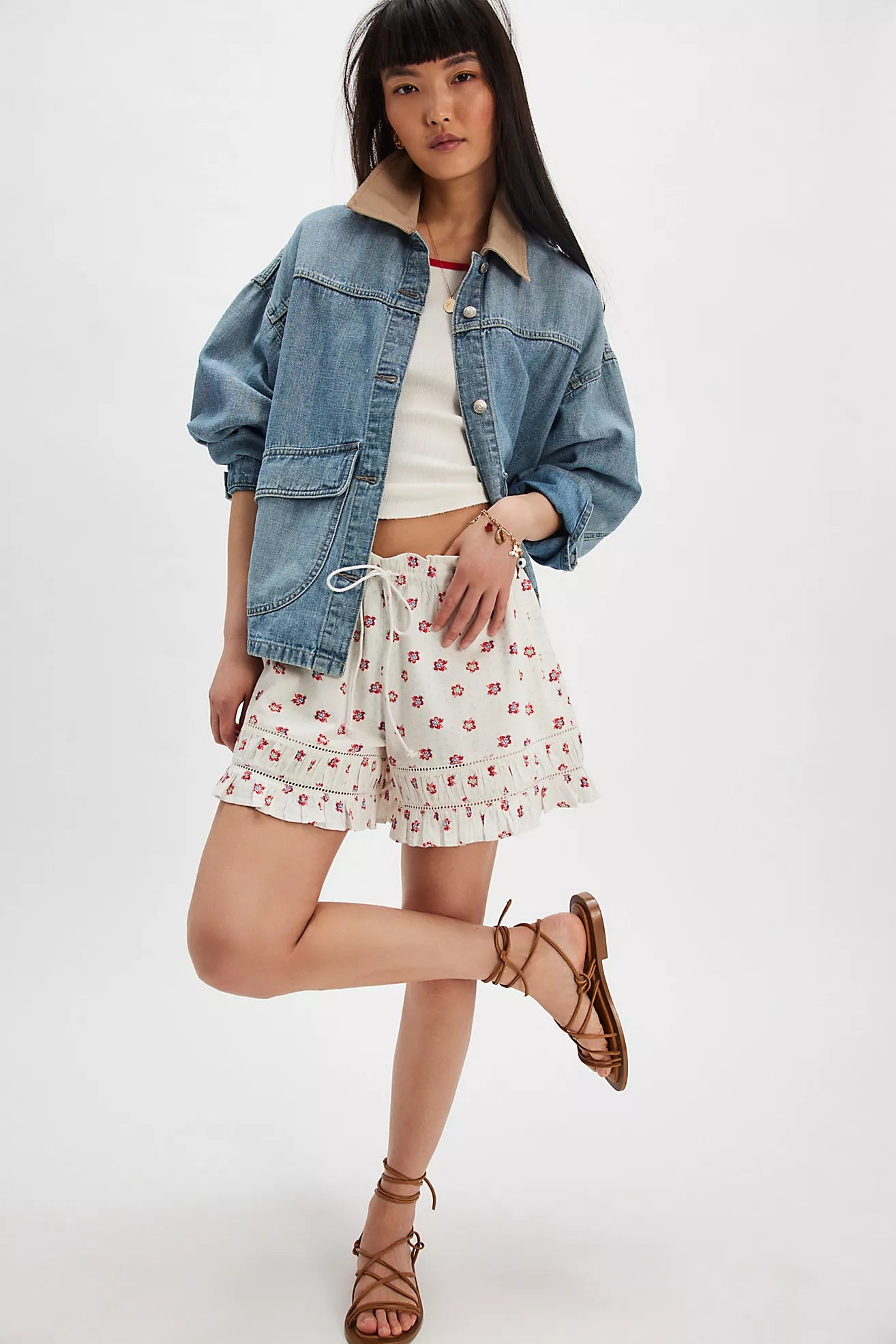 Free People Cambridge Printed Pull-On Shorts/Ivory Combo