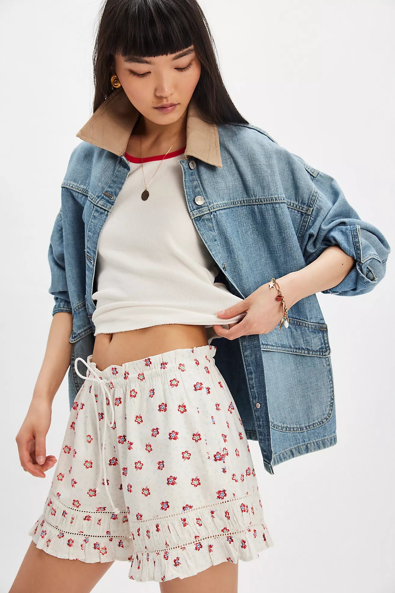 Free People Cambridge Printed Pull-On Shorts/Ivory Combo