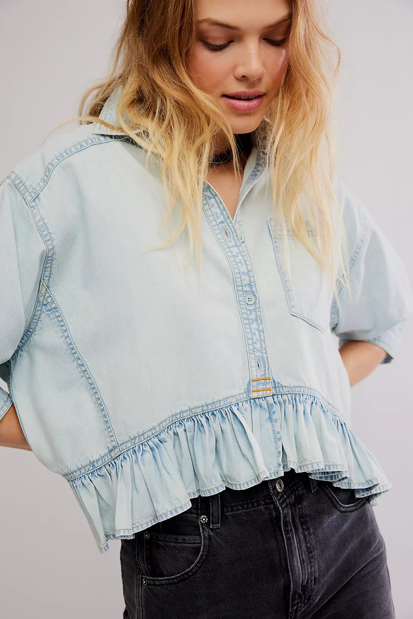 Free People Bailey Denim Shirt/ Light Tint Wash