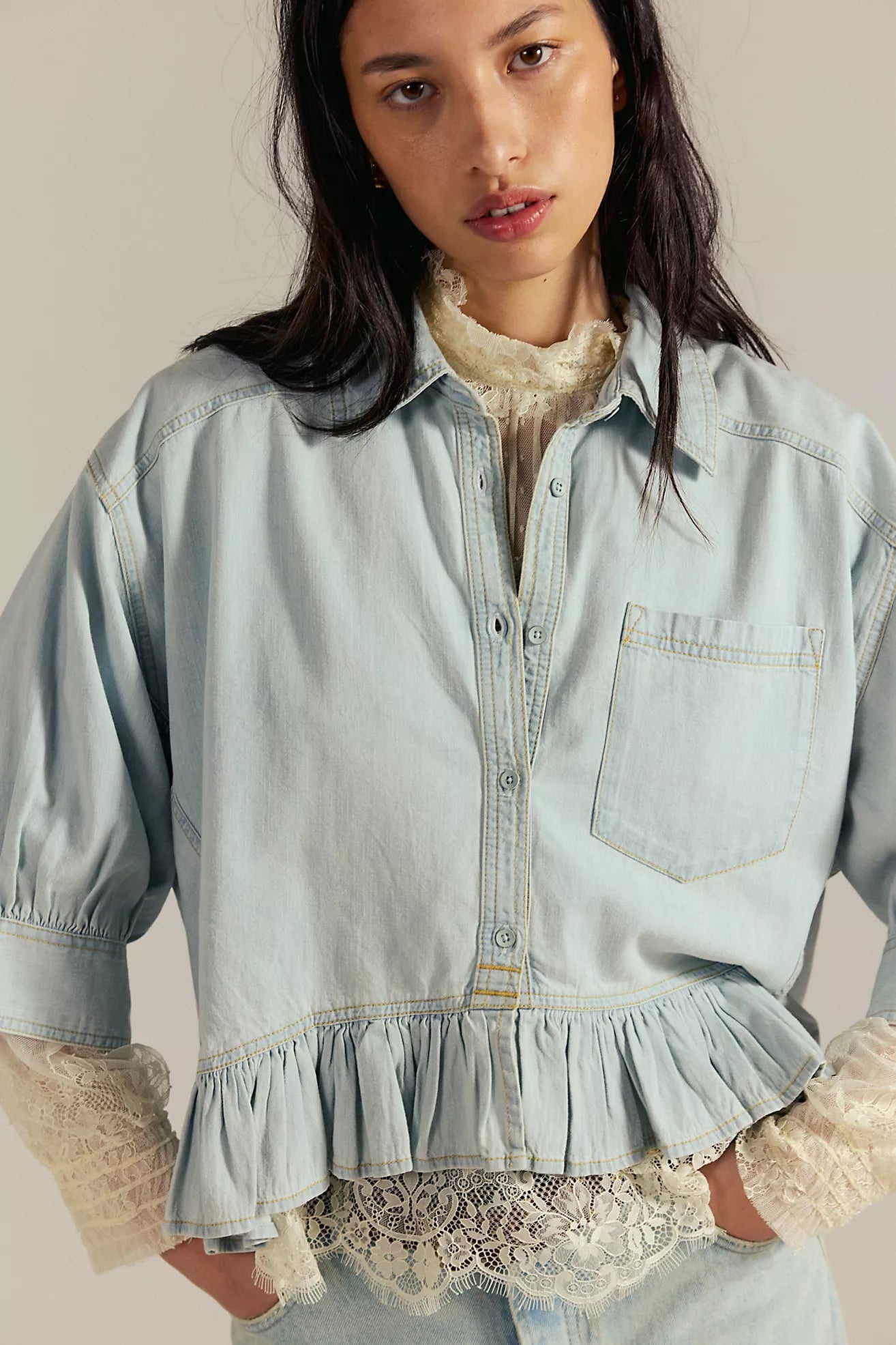 Free People Bailey Denim Shirt/ Light Tint Wash