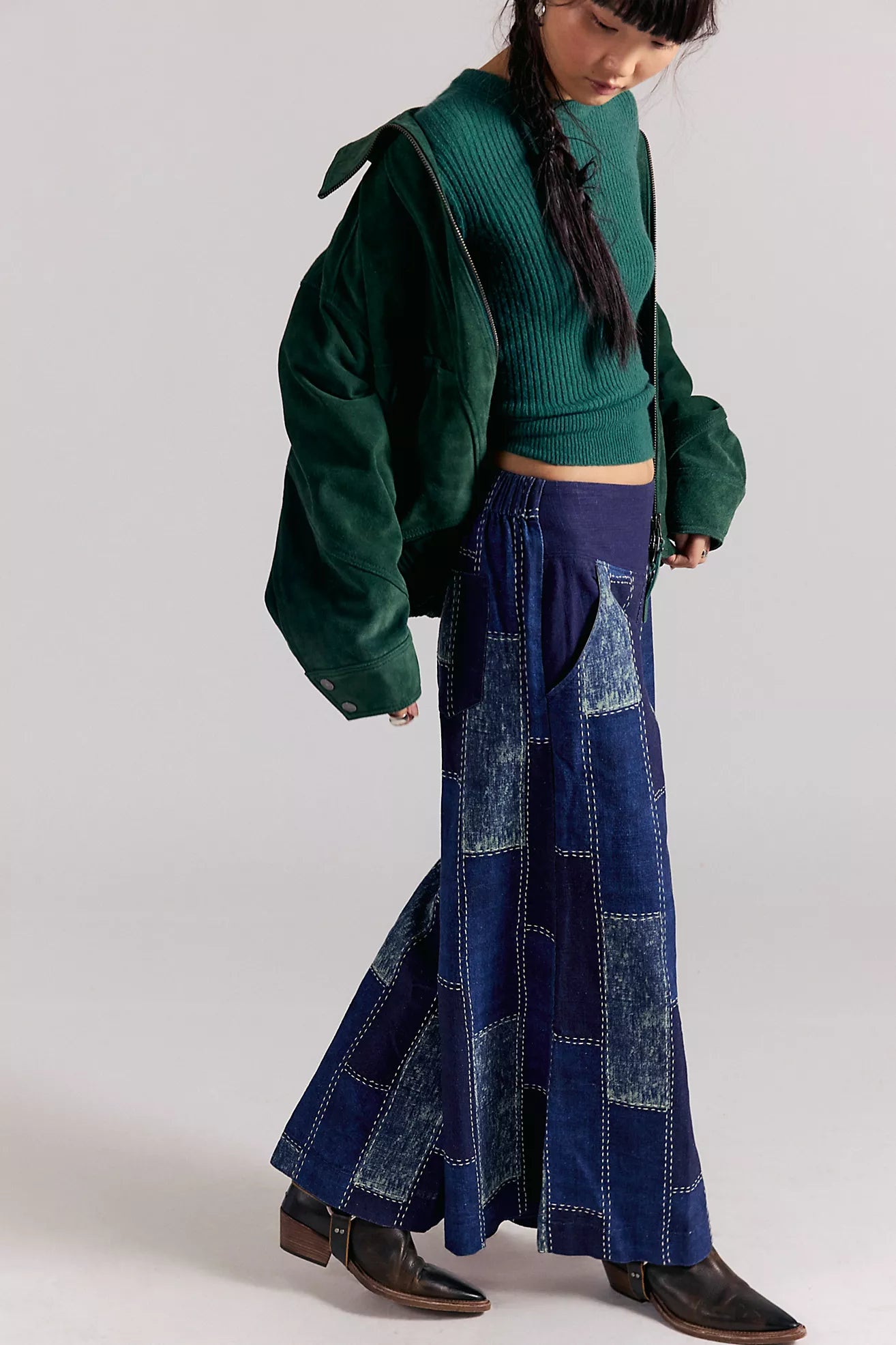 Free People We The Free Patches Wide-Leg Flare Jeans /Indigo Patchwork